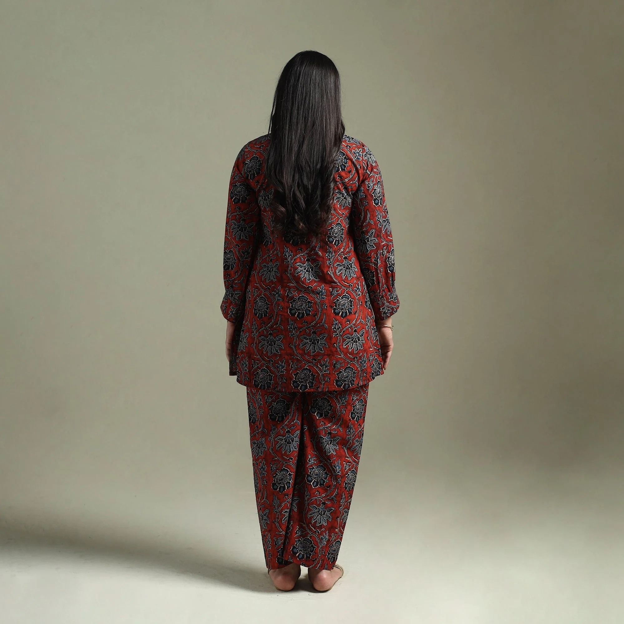 Red - Pure Cotton Natural Dyed Ajrakh Hand Block Print Night Suit Set 07 - Image 5