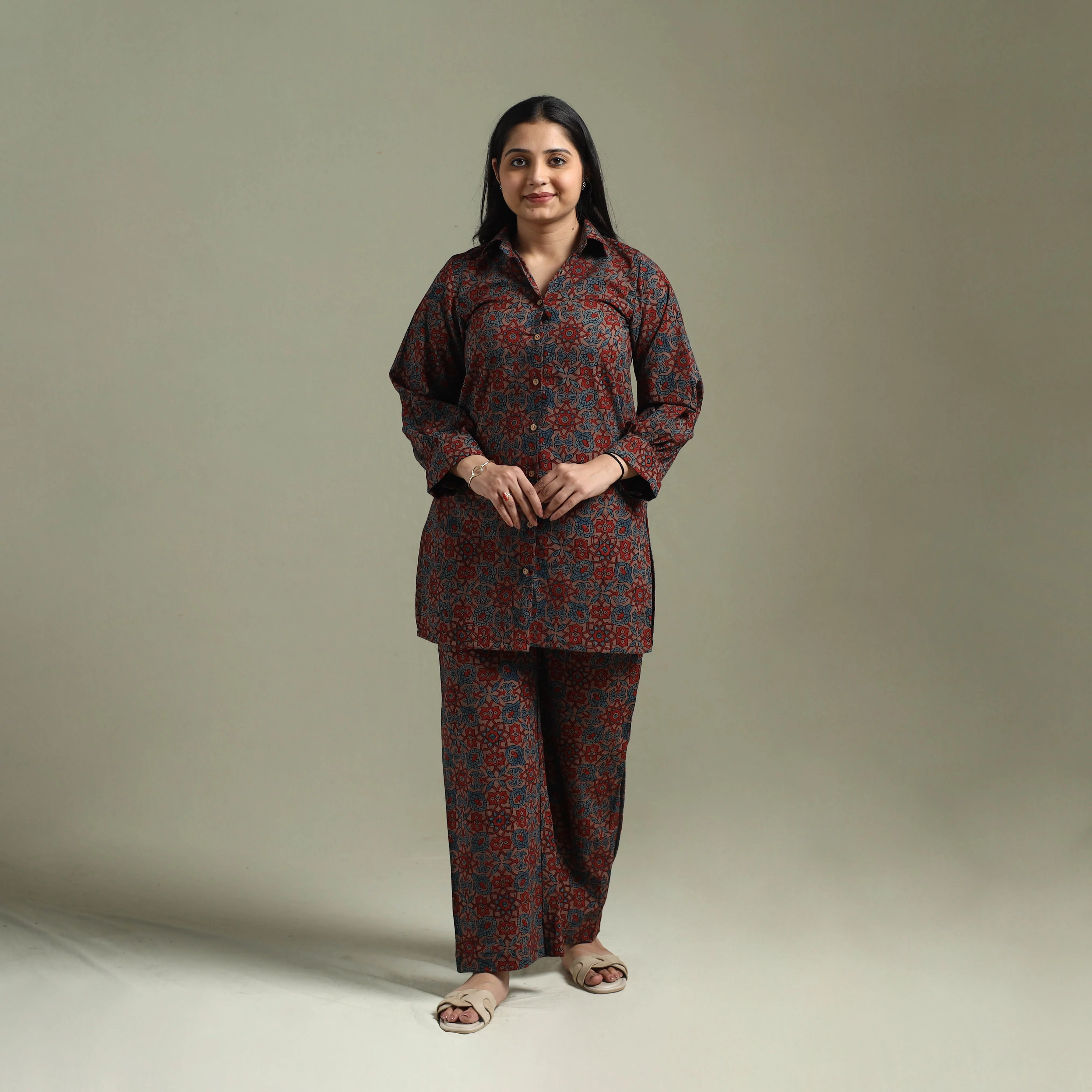 Brown - Pure Cotton Natural Dyed Ajrakh Hand Block Print Night Suit Set 08