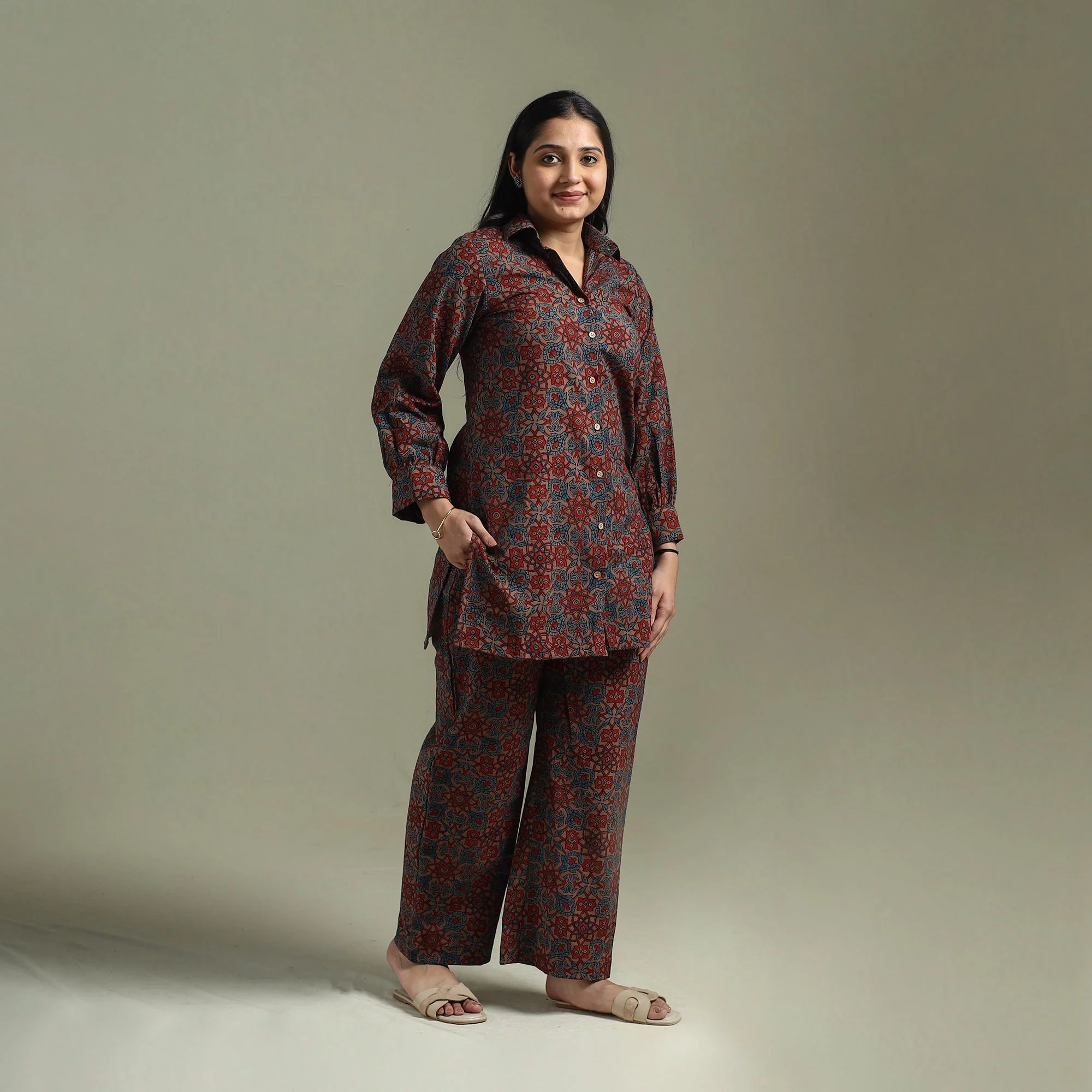 Brown - Pure Cotton Natural Dyed Ajrakh Hand Block Print Night Suit Set 08 - Image 2