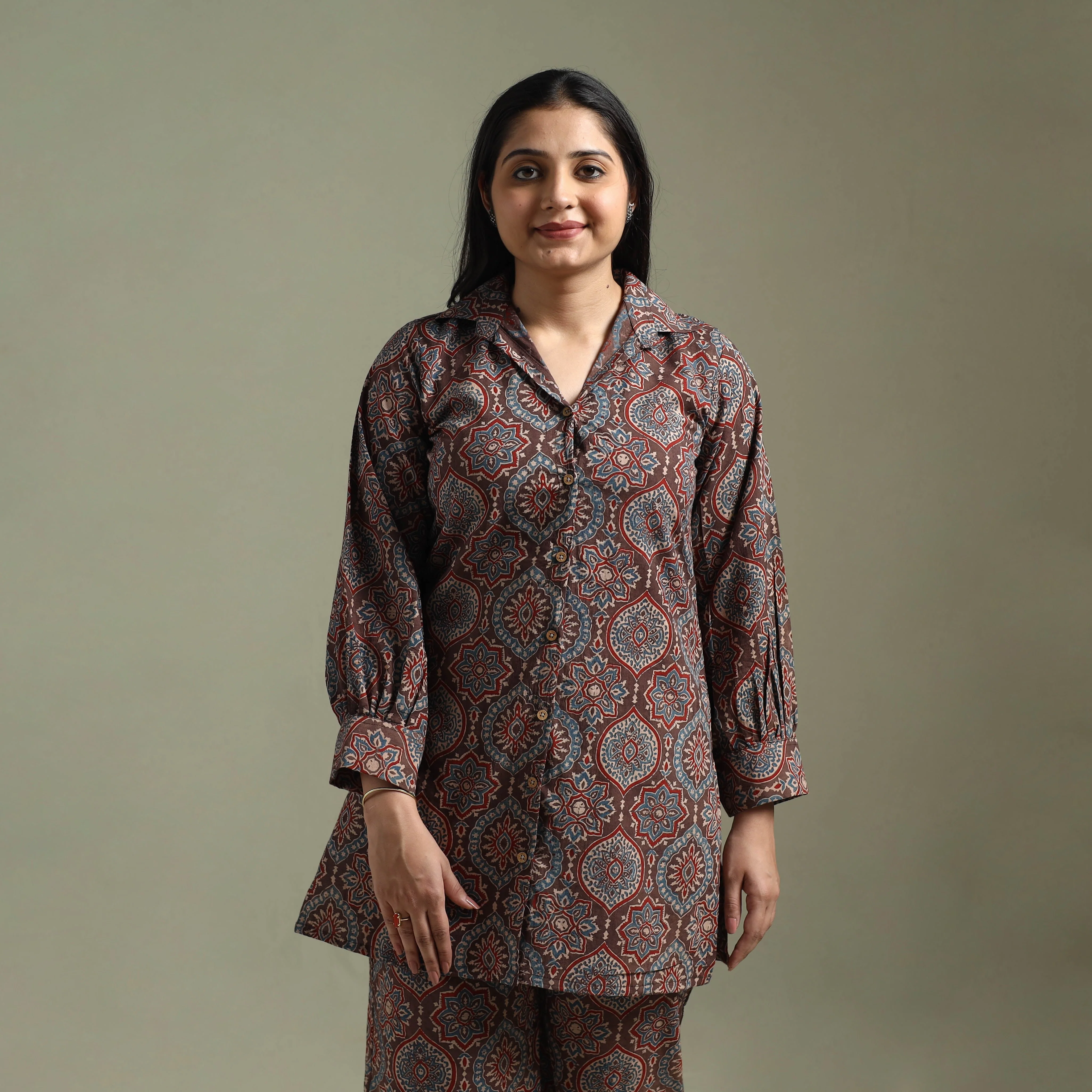 Brown - Pure Cotton Natural Dyed Ajrakh Hand Block Print Night Suit Set 09 - Image 3