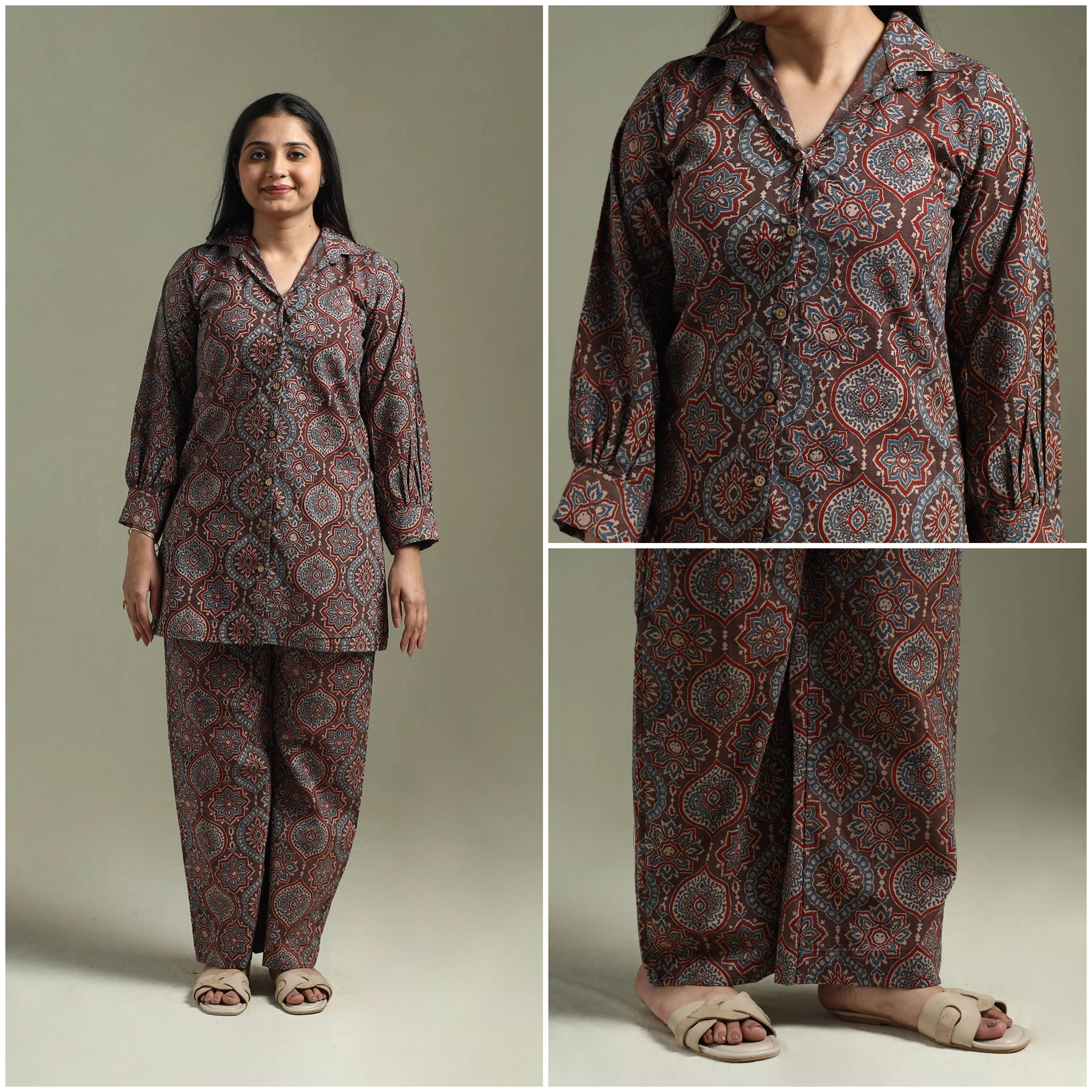 Brown - Pure Cotton Natural Dyed Ajrakh Hand Block Print Night Suit Set 09 - Image 4
