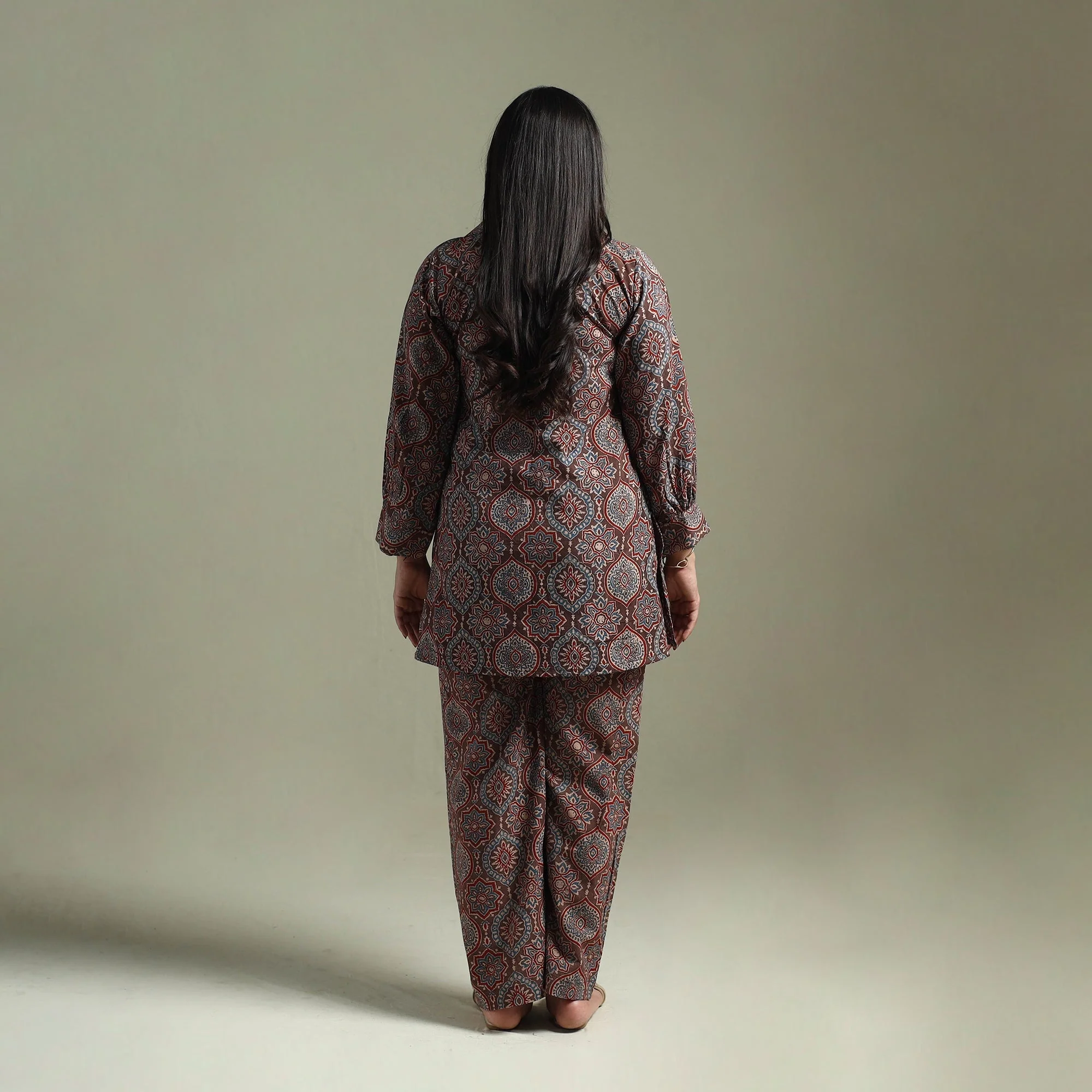 Brown - Pure Cotton Natural Dyed Ajrakh Hand Block Print Night Suit Set 09 - Image 5