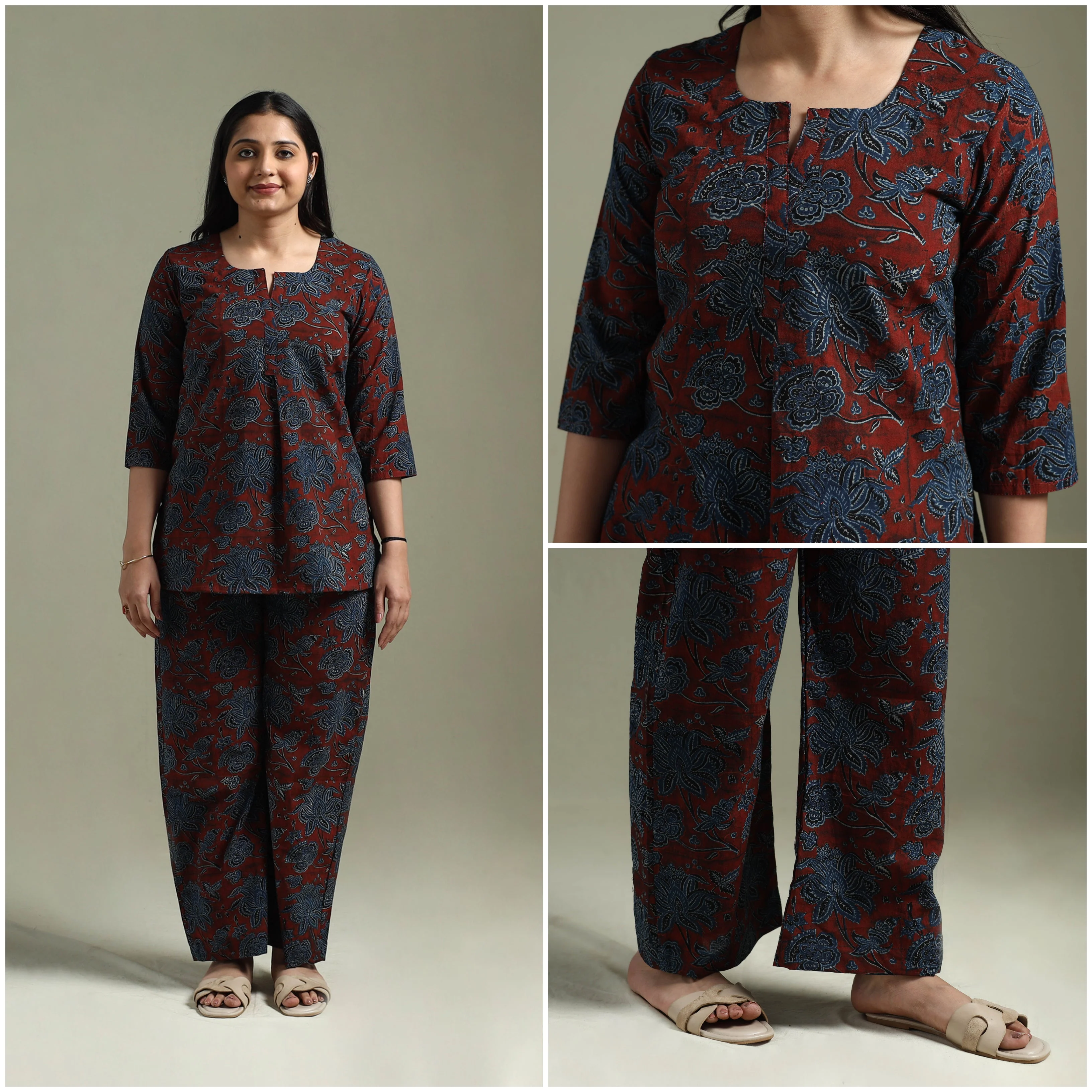 Maroon - Pure Cotton Natural Dyed Ajrakh Hand Block Print Night Suit Set 11 - Image 4