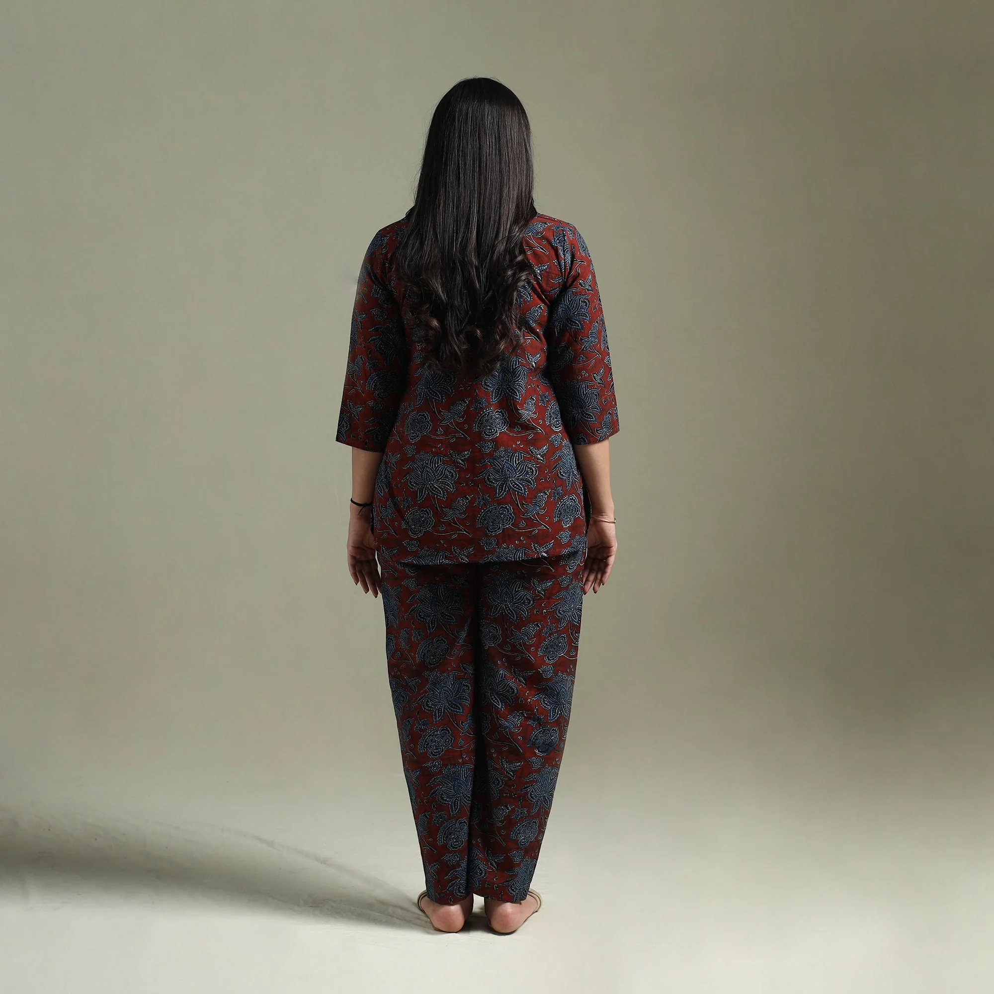 Maroon - Pure Cotton Natural Dyed Ajrakh Hand Block Print Night Suit Set 11 - Image 5