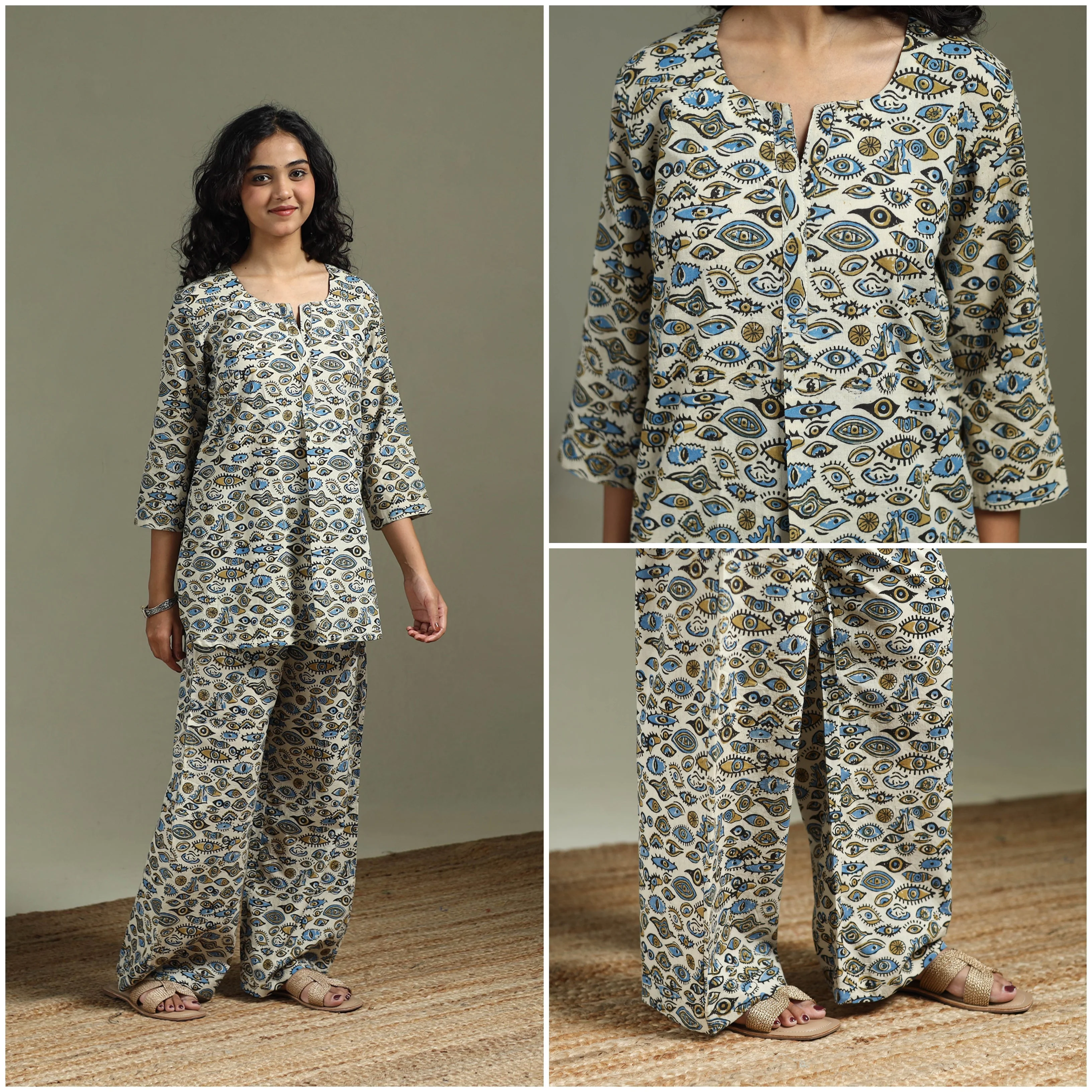 Maroon - Pure Cotton Natural Dyed Ajrakh Hand Block Print Night Suit Set 17 - Image 3