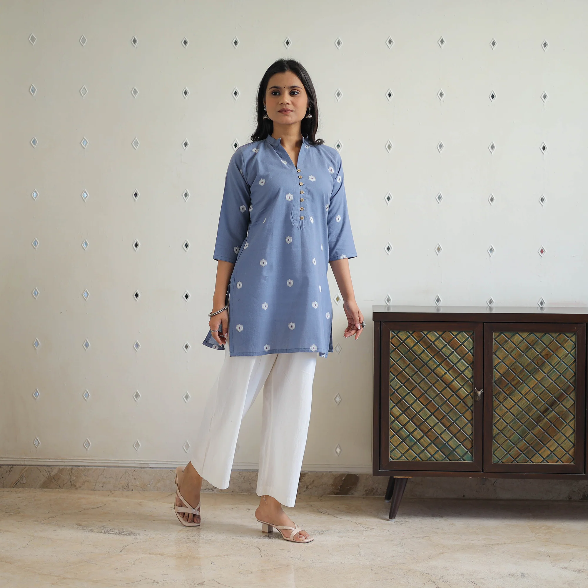 Blue - Pure Cotton Short Jacquard Kurta 01 - Image 3
