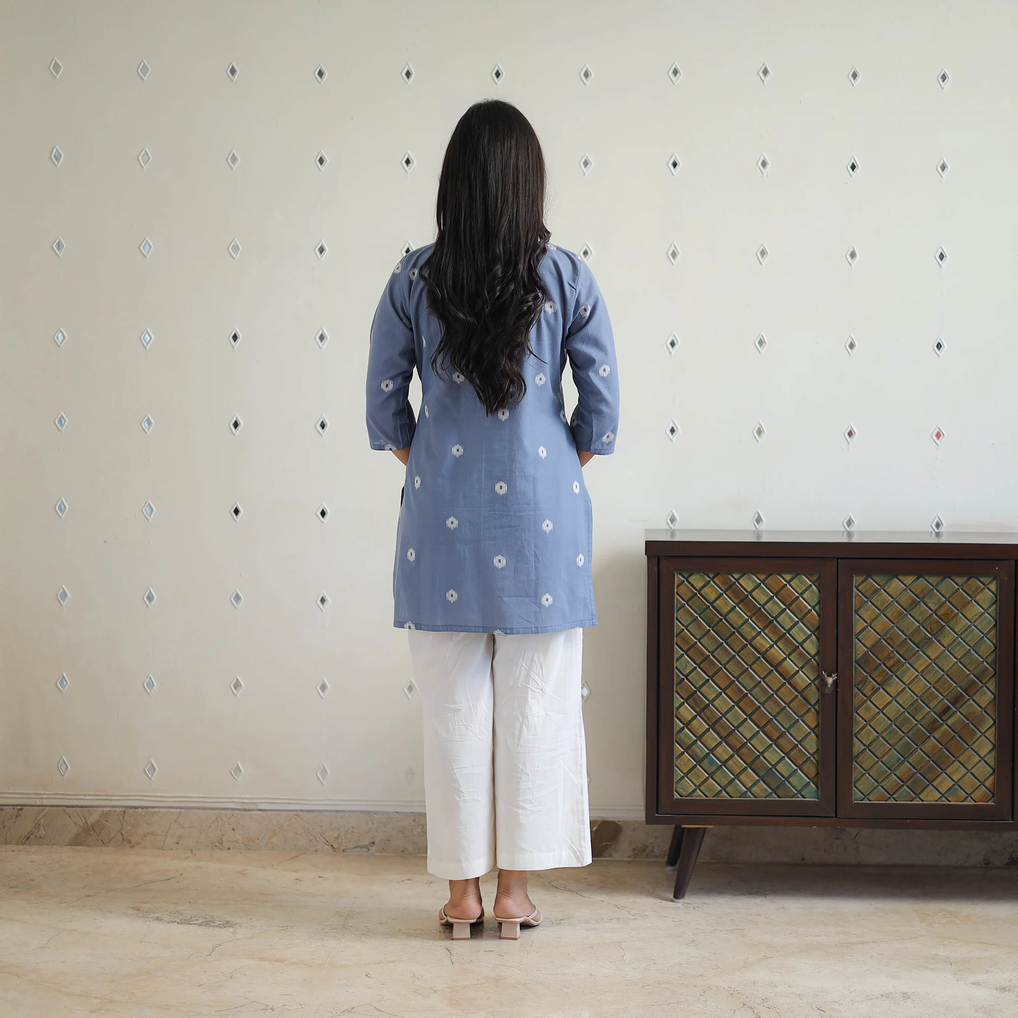 Blue - Pure Cotton Short Jacquard Kurta 01 - Image 4
