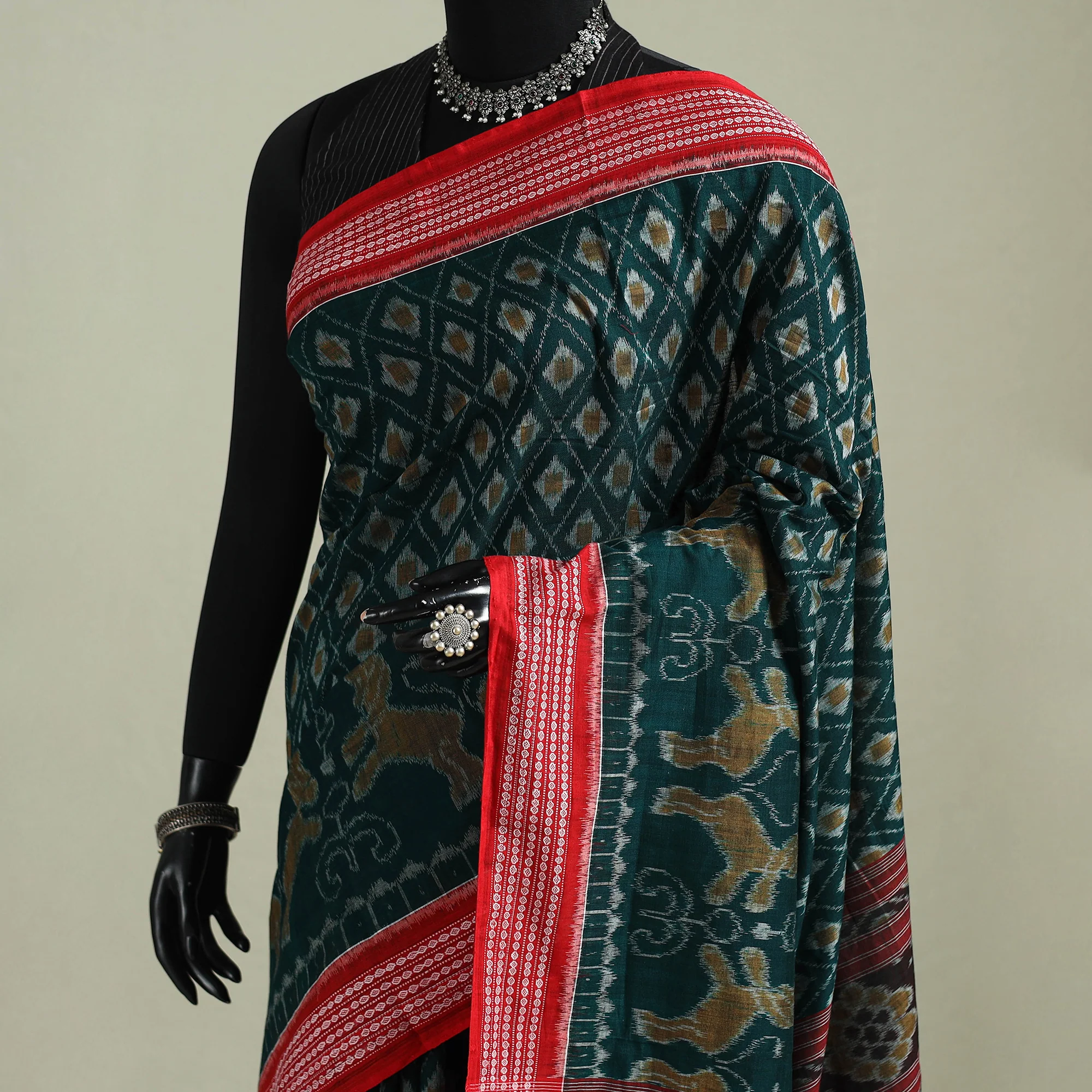 Green Pure Handwoven Sambalpuri Ikat Cotton Saree 02 - Image 2