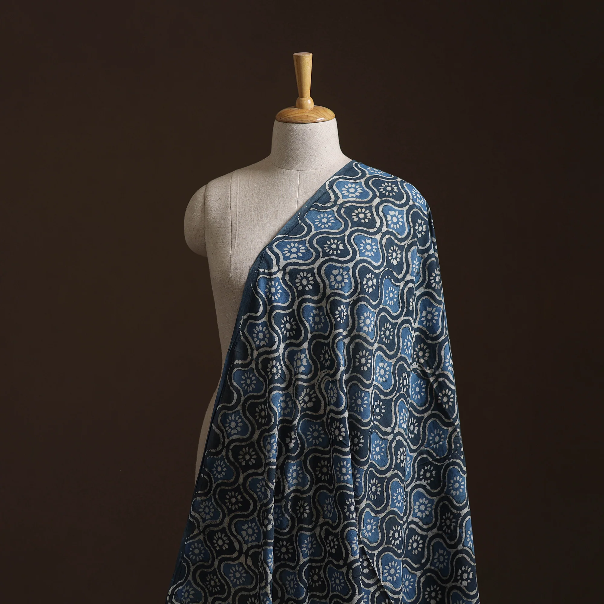 Blue - Pure Mul Cotton Bagru Indigo Hand Block Print Natural Dyed Fabric 05