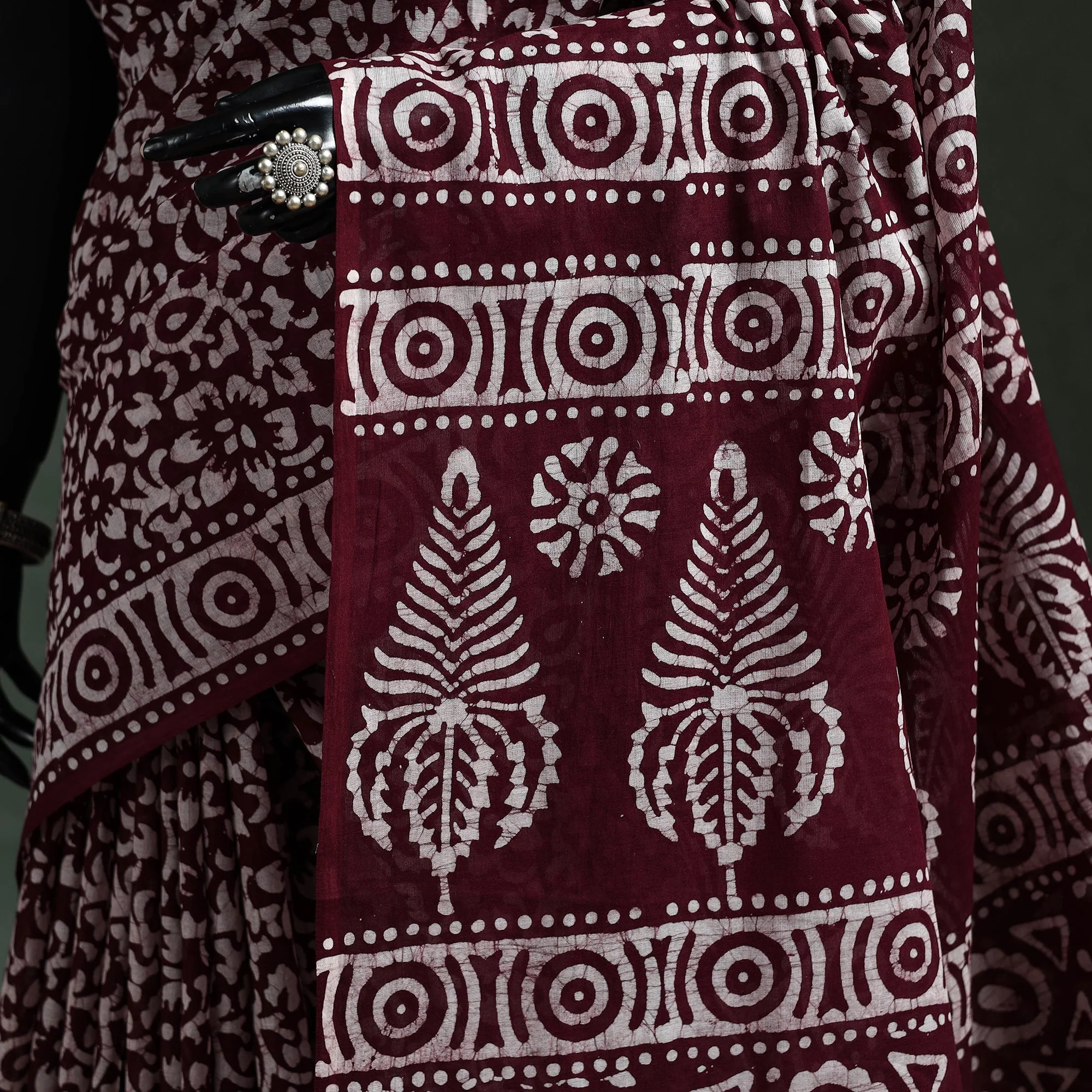 Maroon - Pure Mul Cotton Hand Block Batik Print Saree 27 - Image 3