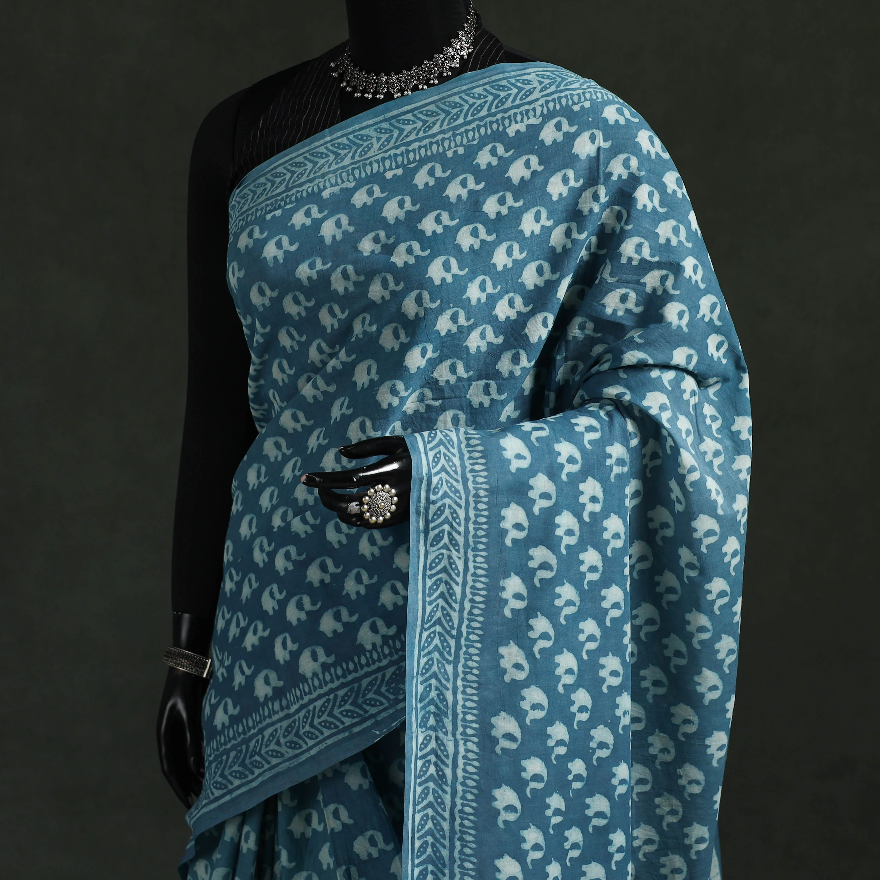 Blue - Pure Mul Cotton Hand Block Batik Print Saree 35 - Image 2