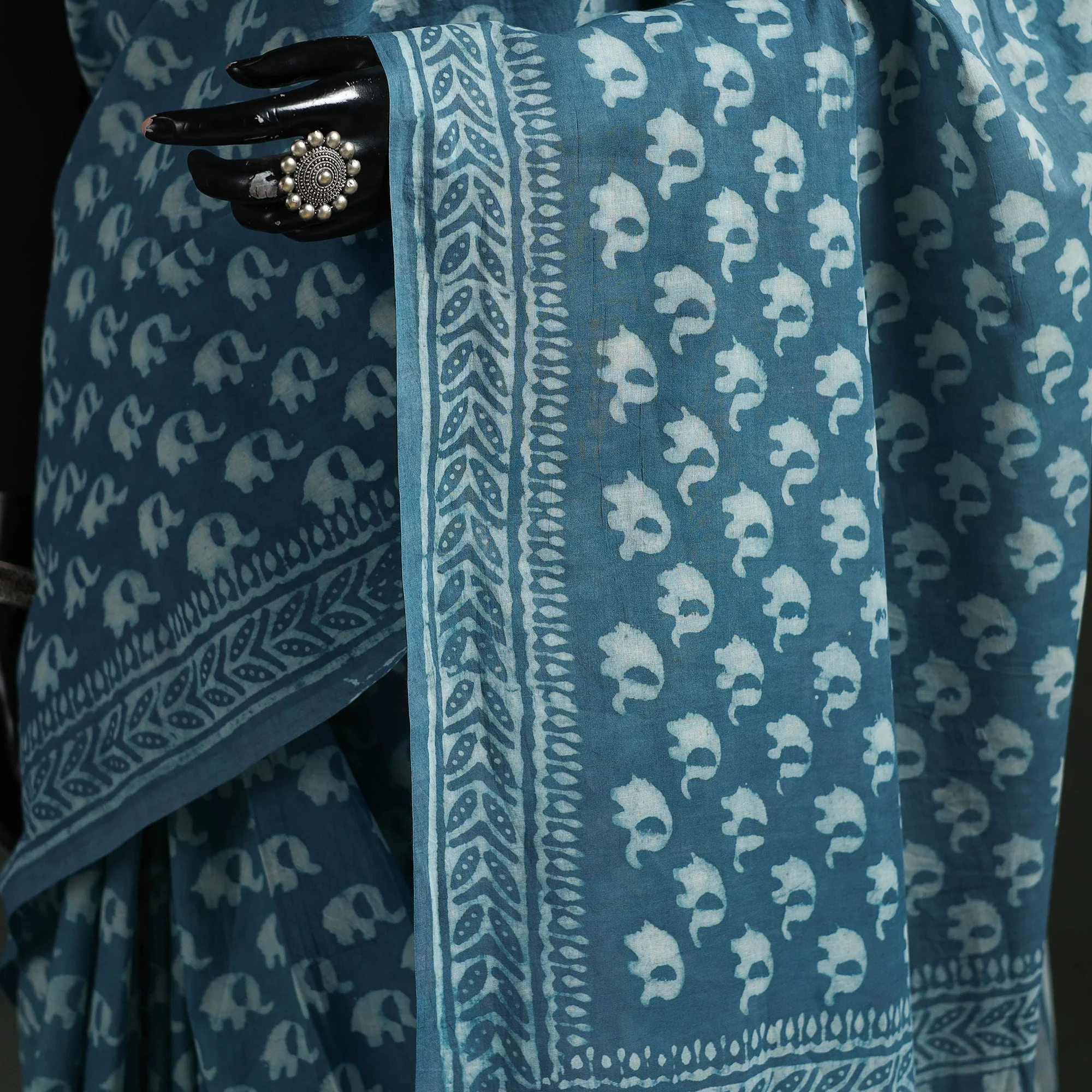 Blue - Pure Mul Cotton Hand Block Batik Print Saree 35 - Image 3