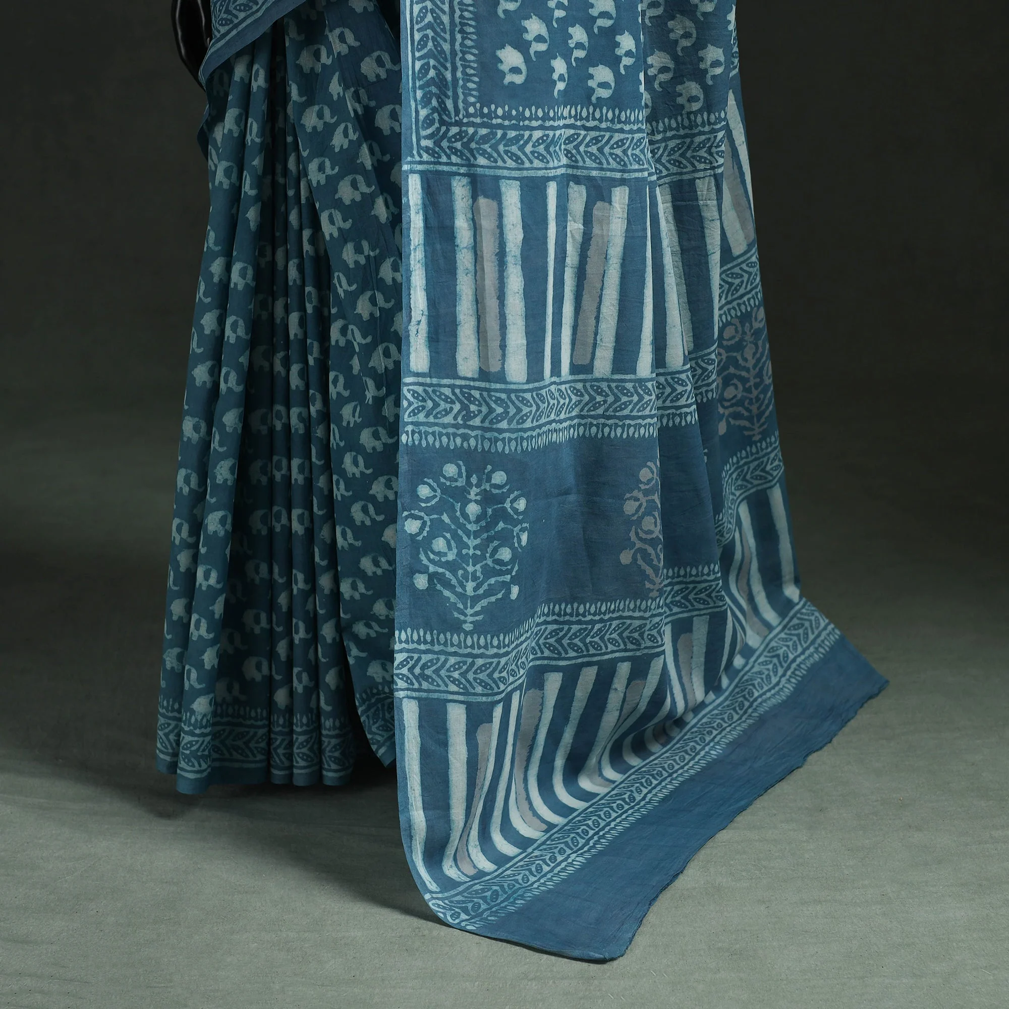 Blue - Pure Mul Cotton Hand Block Batik Print Saree 35 - Image 4