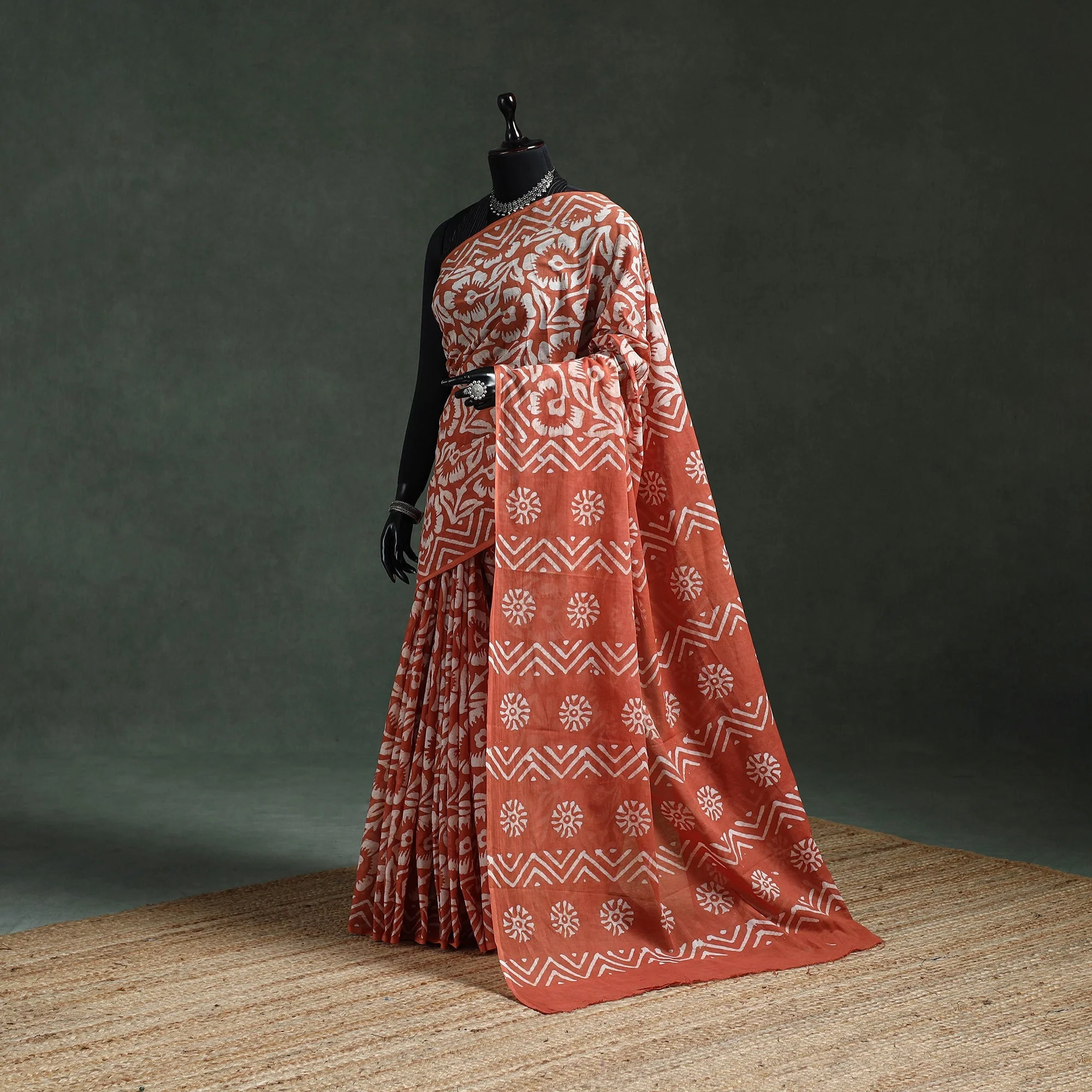 Brown - Pure Mul Cotton Hand Block Batik Print Saree 42