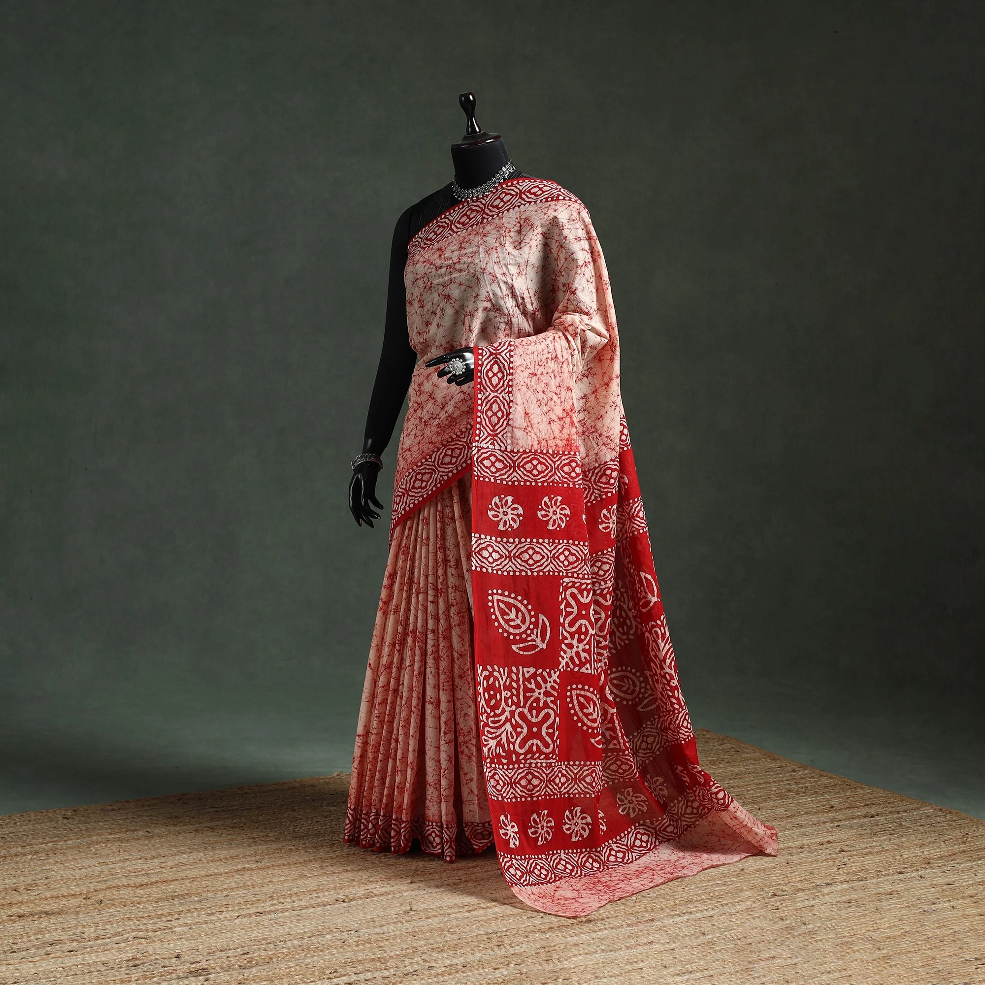 Red - Pure Mul Cotton Hand Block Batik Print Saree 84