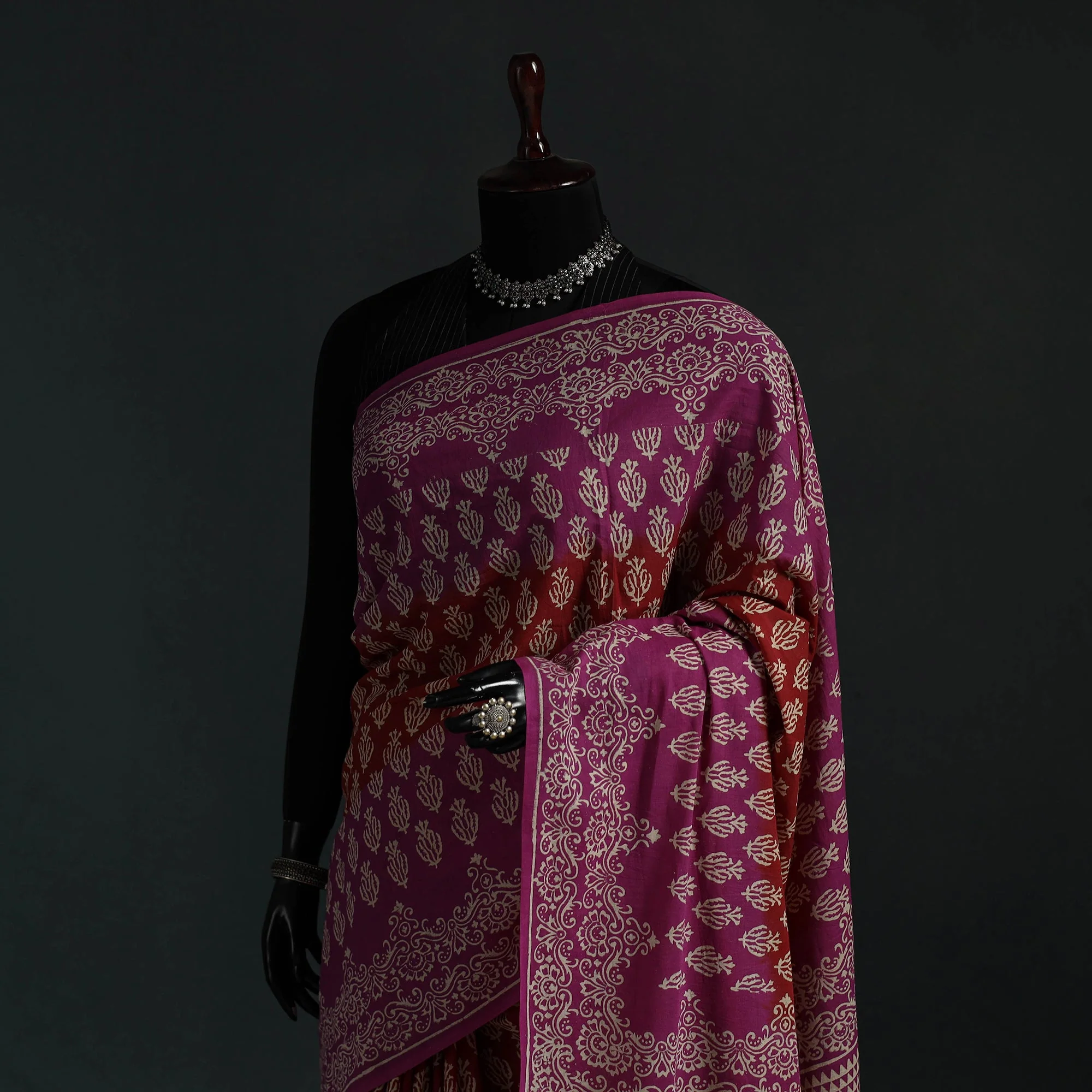 Purple - Pure Mul Cotton Hand Block Jaipur Print Saree 18 - Image 2