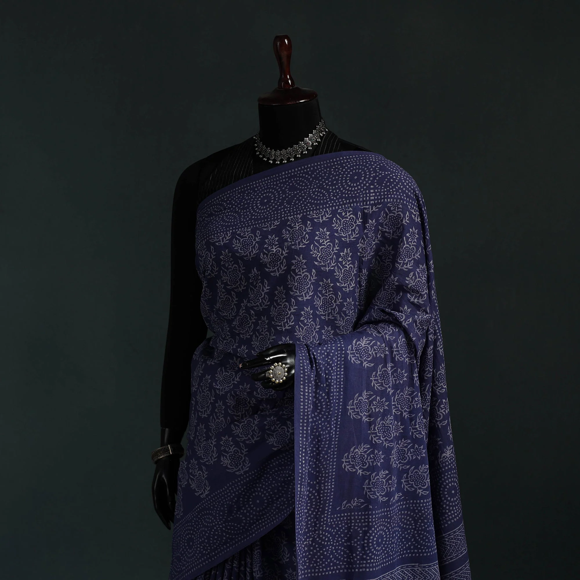Blue - Pure Mul Cotton Hand Block Jaipur Print Saree 19 - Image 2