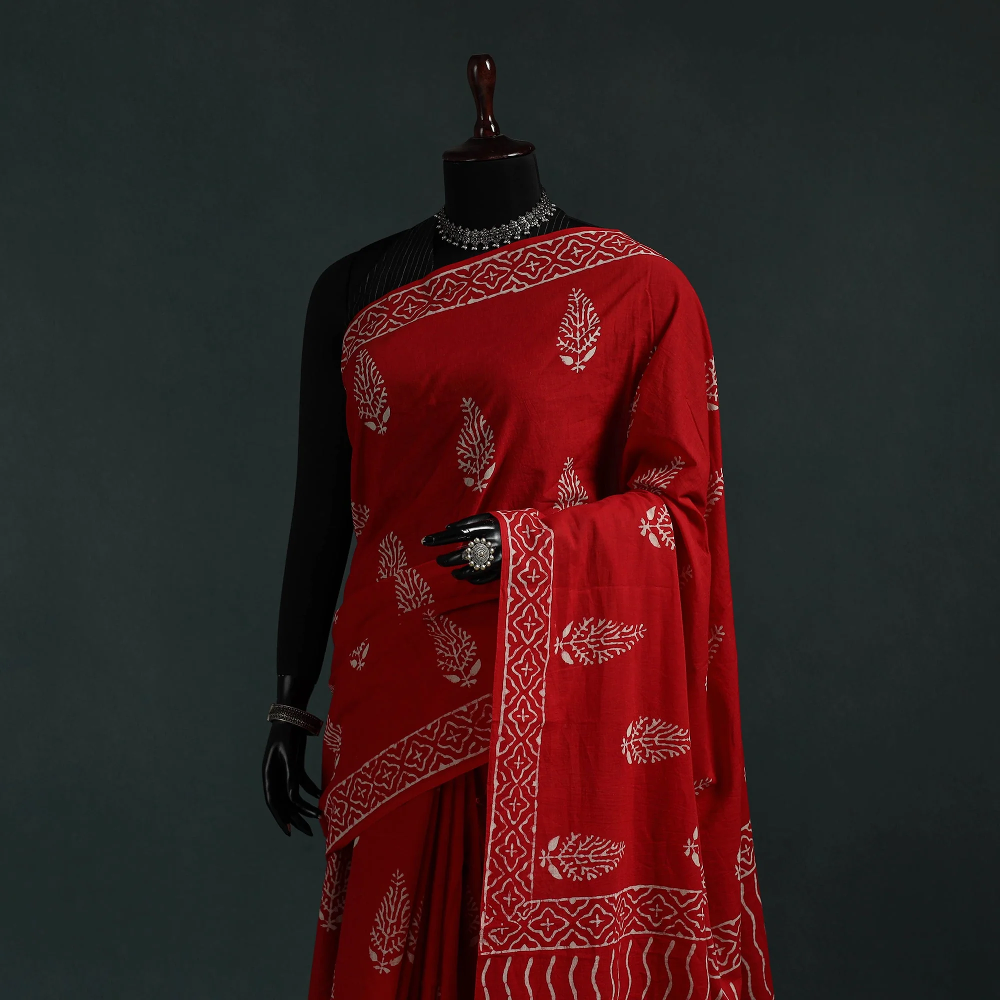 Red - Pure Mul Cotton Hand Block Jaipur Print Saree 25 - Image 2