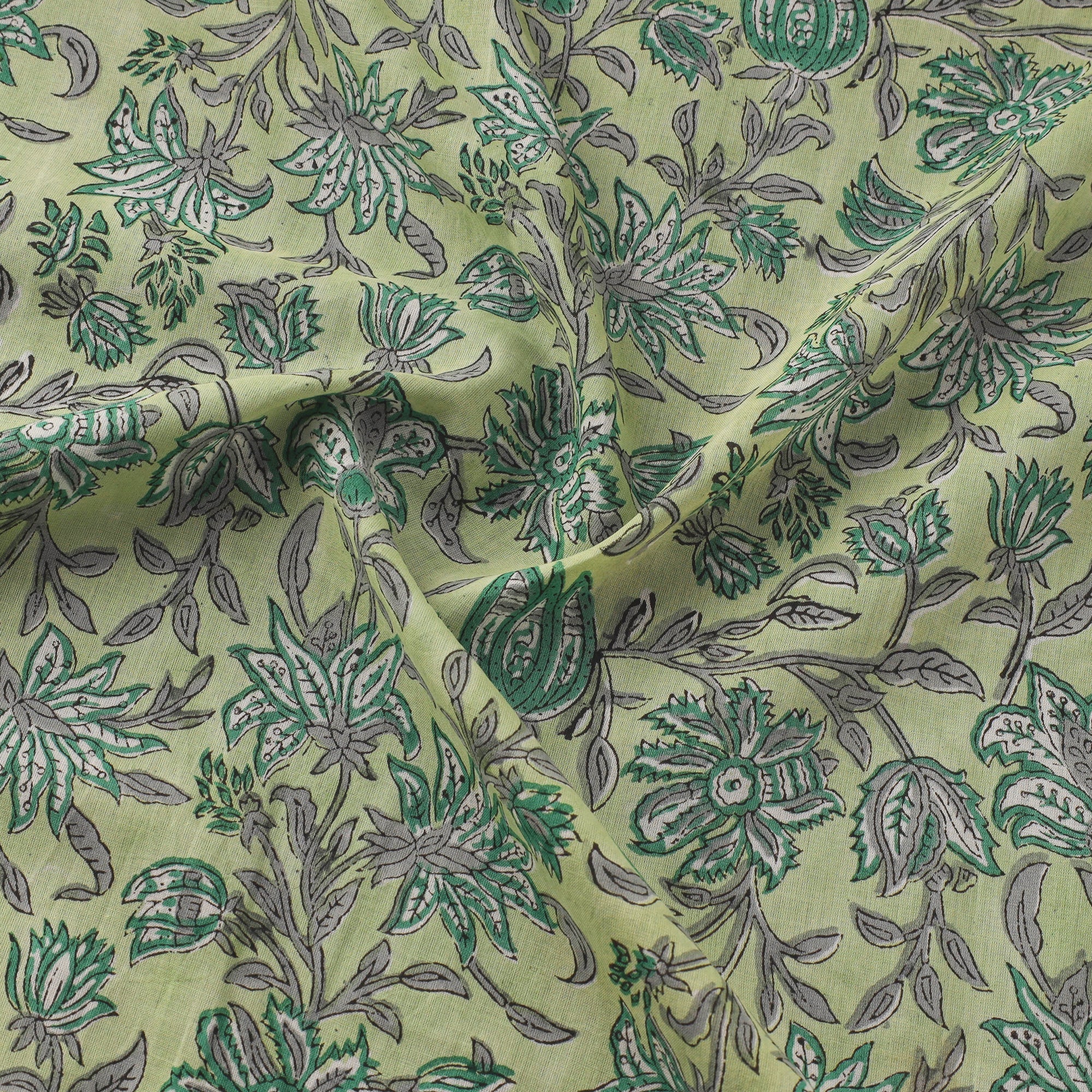 Green - Pure Mul Cotton Hand Block Sanganeri Print Fabric 01 - Image 3