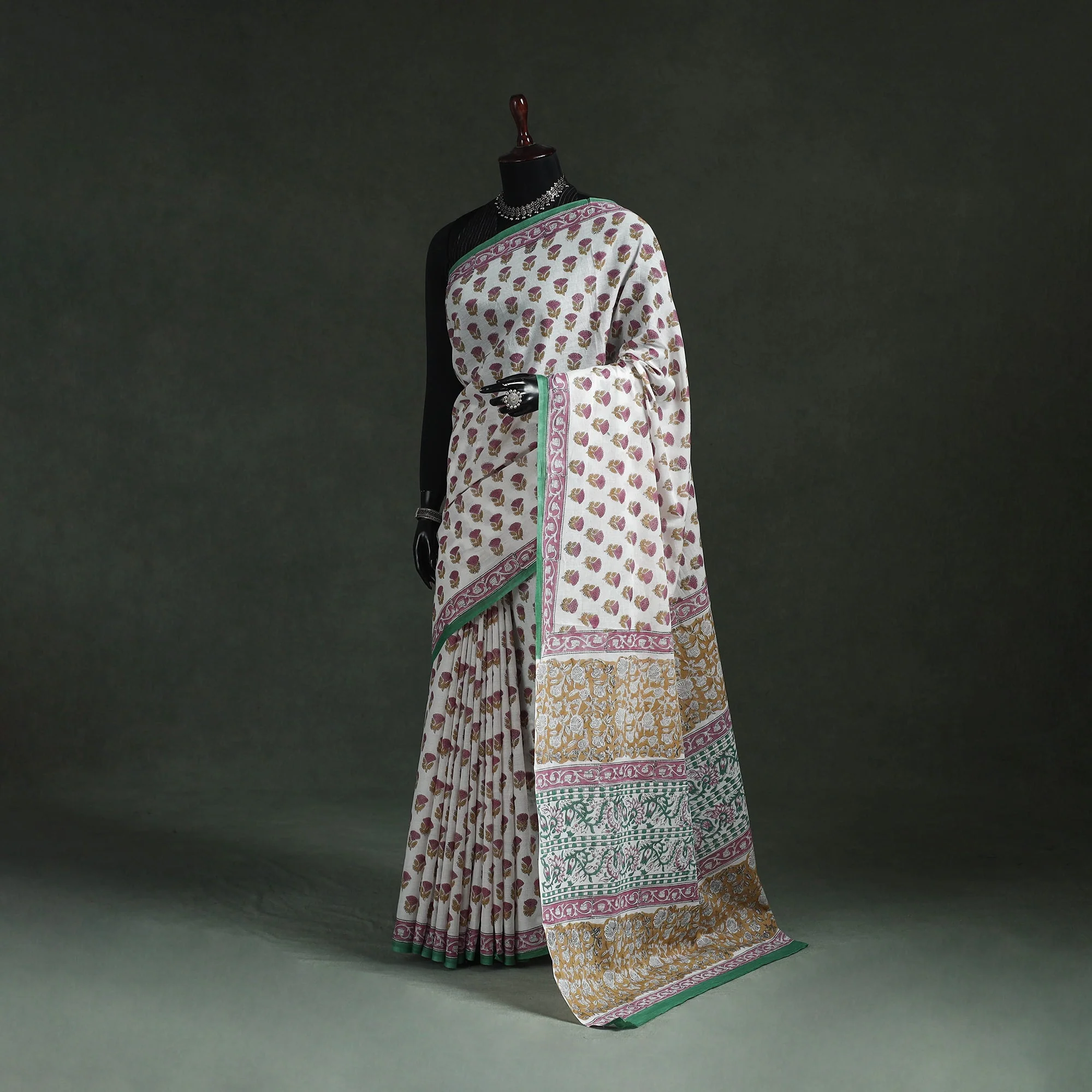 White - Pure Mul Cotton Hand Block Sanganeri Print Saree 02