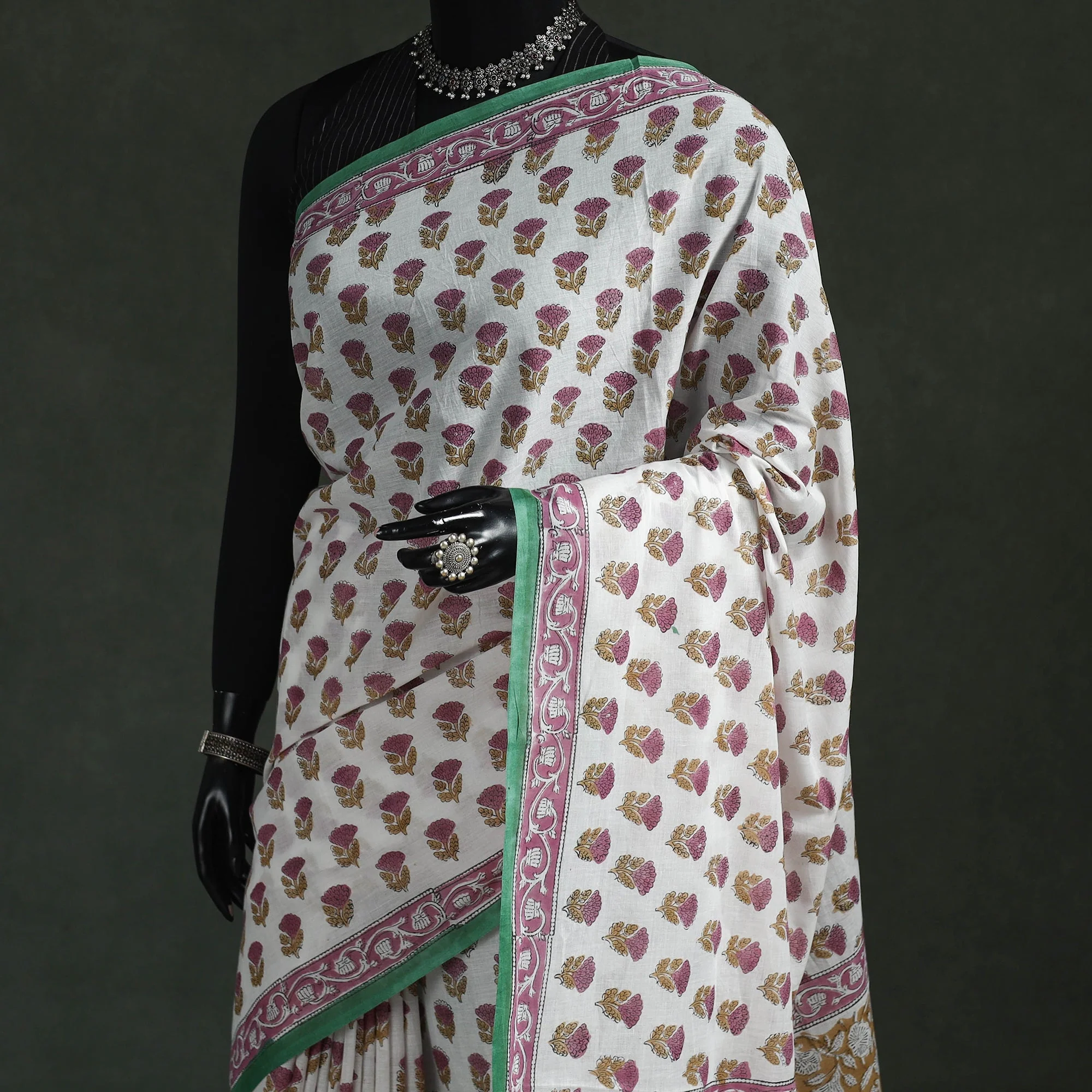 White - Pure Mul Cotton Hand Block Sanganeri Print Saree 02 - Image 2