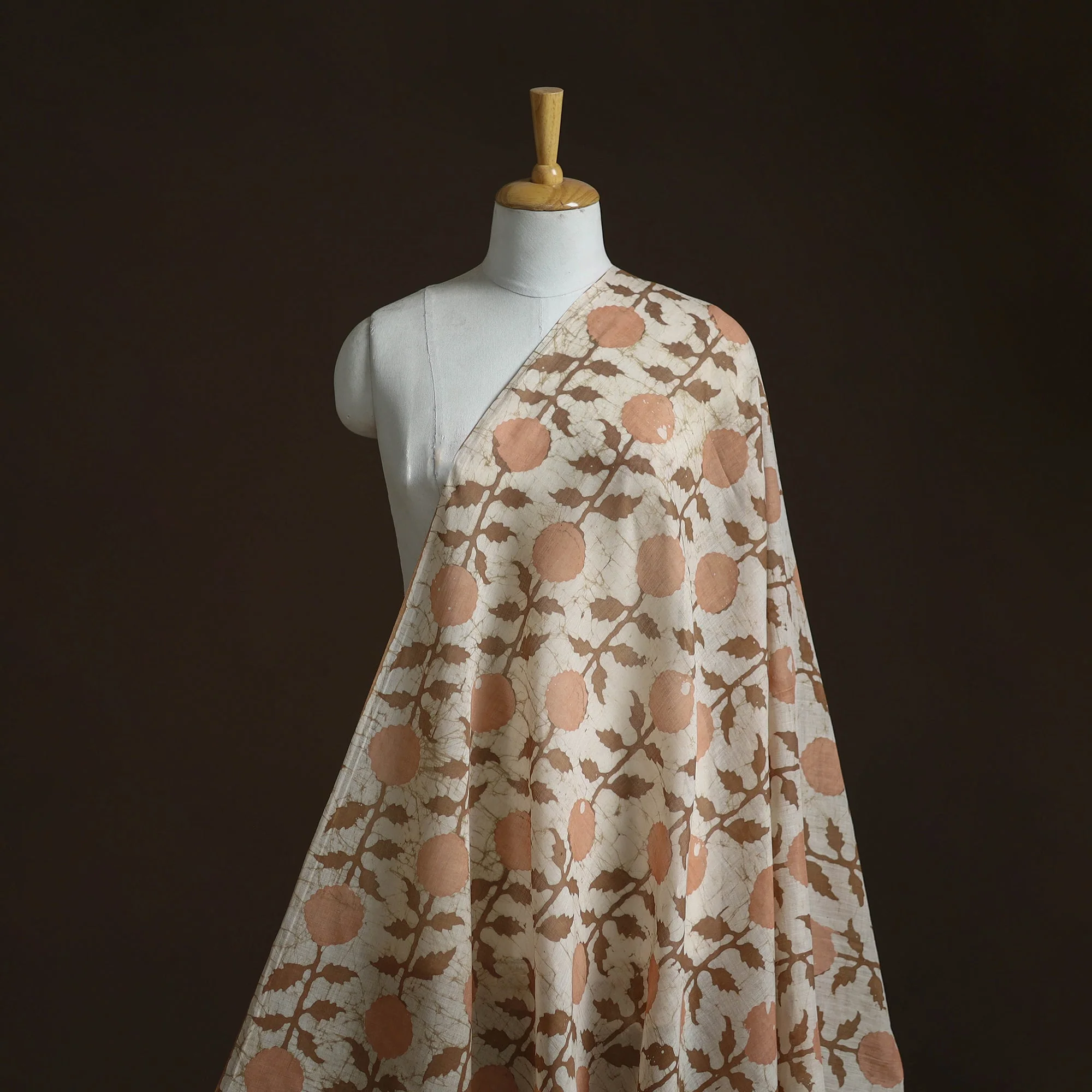 Beige - Pure Mul Cotton Kutch Hand Block Batik Print Fabric 01