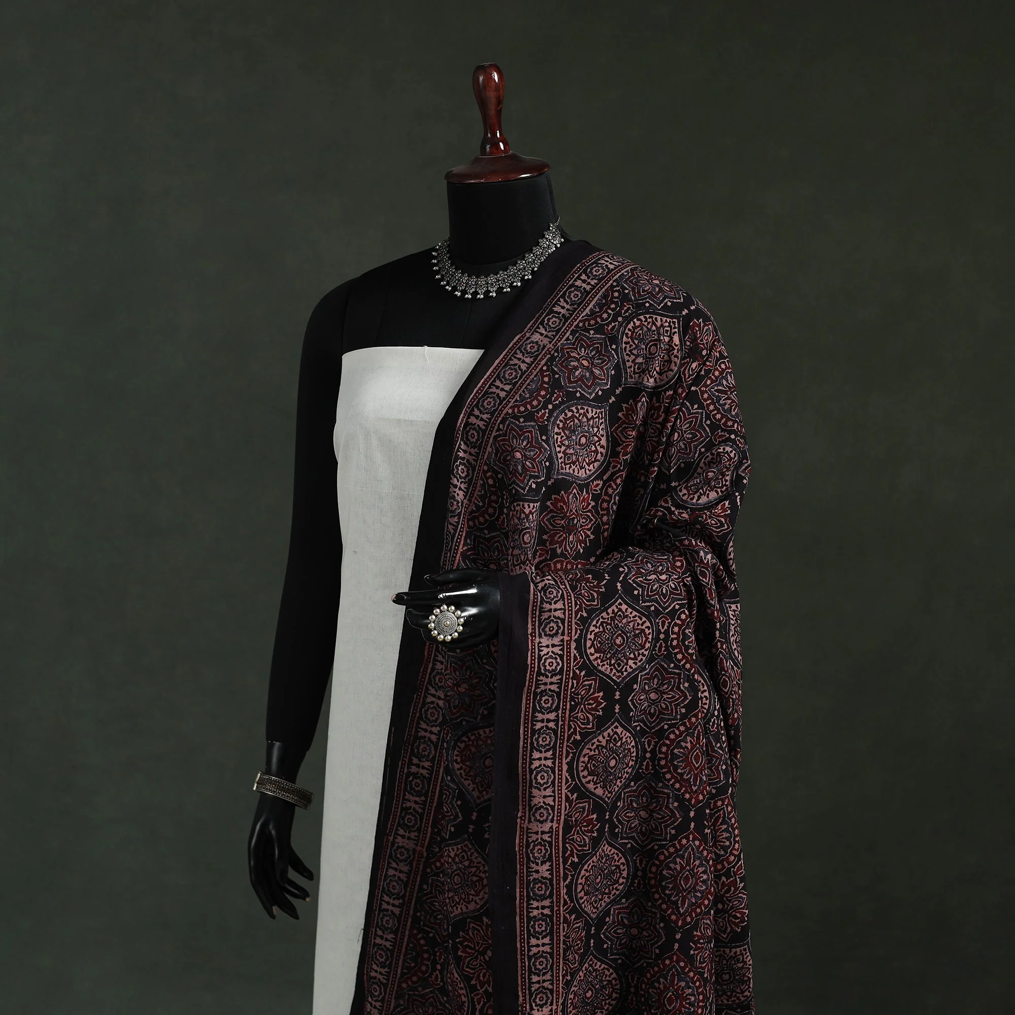 Black - Pure Mul Cotton Kutch Hand Block Print Natural Dyed Ajrakh Dupatta 78 - Image 2