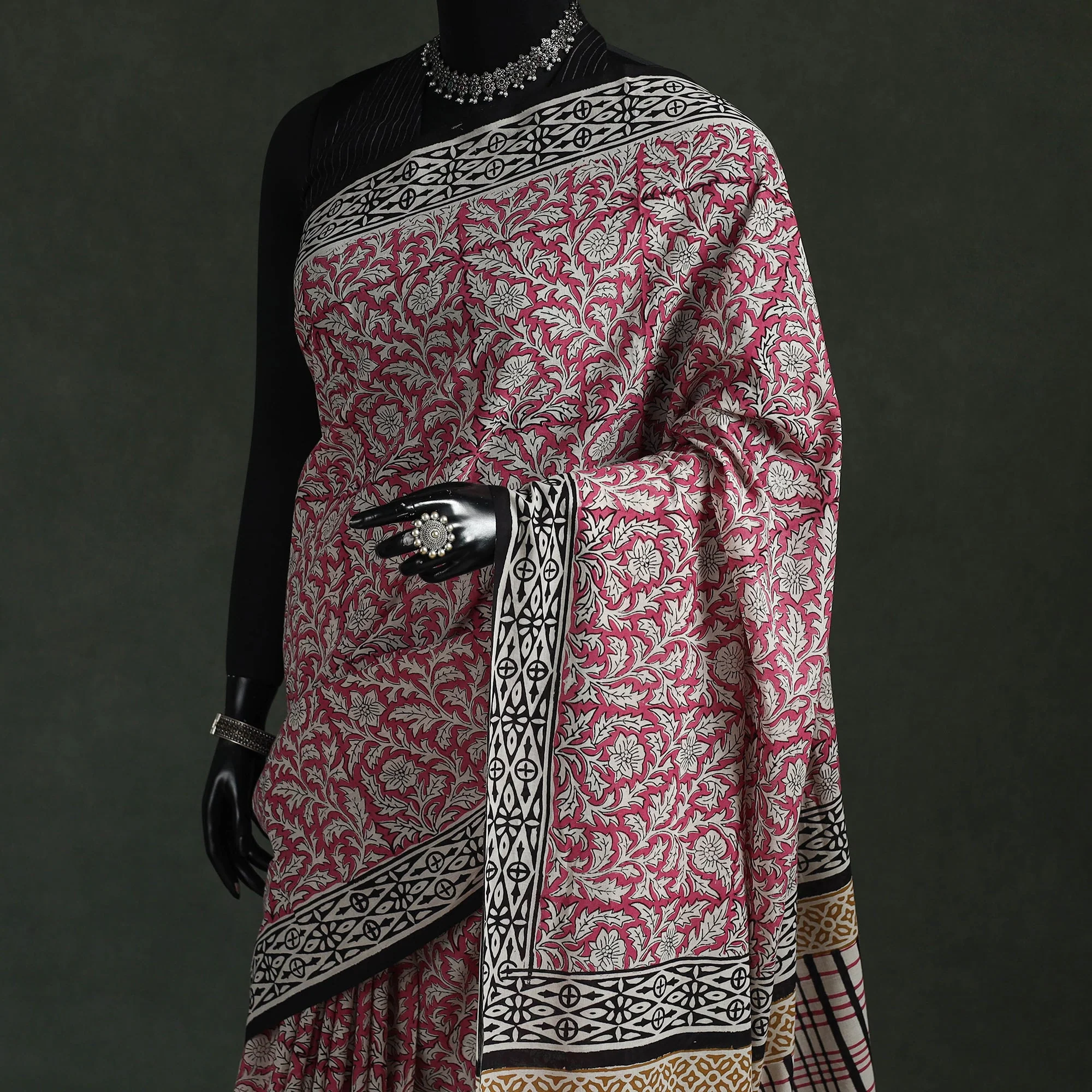 Pink - Pure Mul Cotton Natural Dyed Hand Block Bagru Print Saree 08 - Image 2