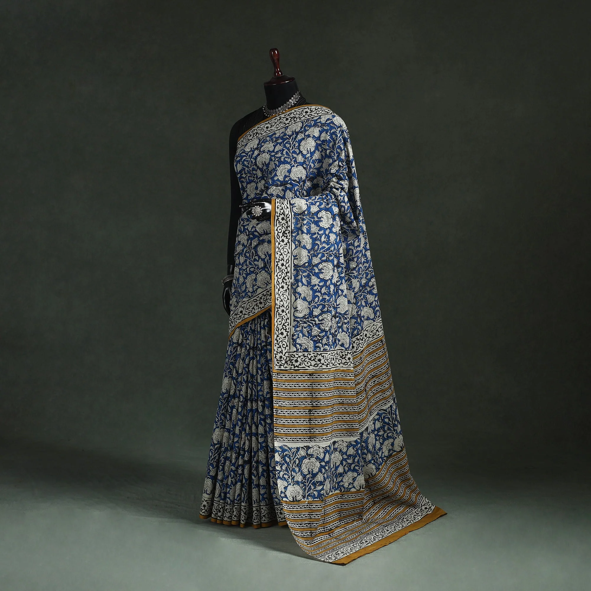 Blue - Pure Mul Cotton Natural Dyed Hand Block Bagru Print Saree 09