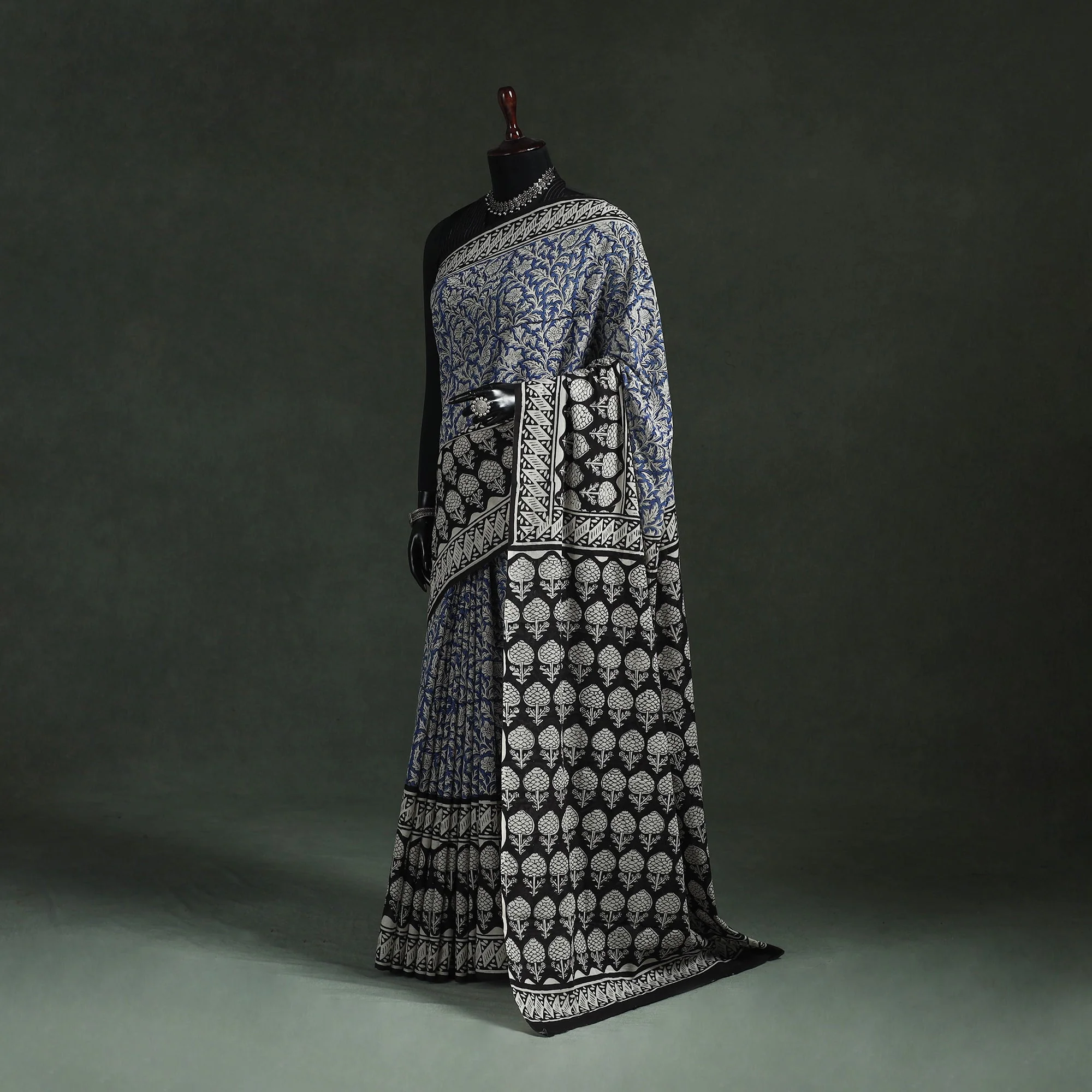 Blue - Pure Mul Cotton Natural Dyed Hand Block Bagru Print Saree 10