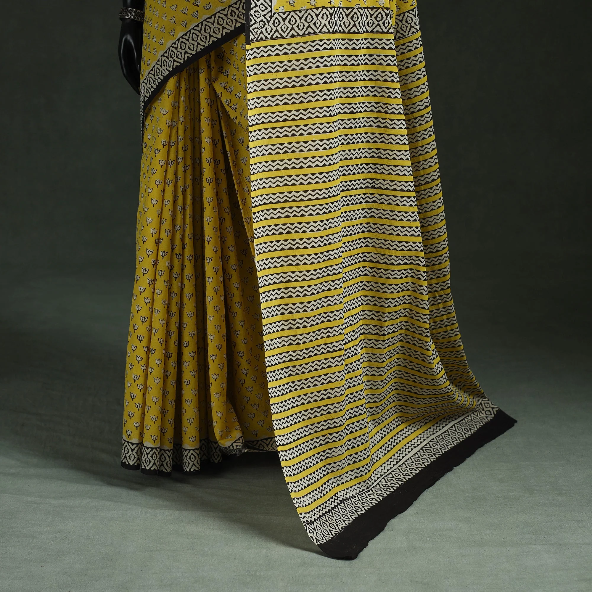 Yellow - Pure Mul Cotton Natural Dyed Hand Block Bagru Print Saree 16 - Image 4