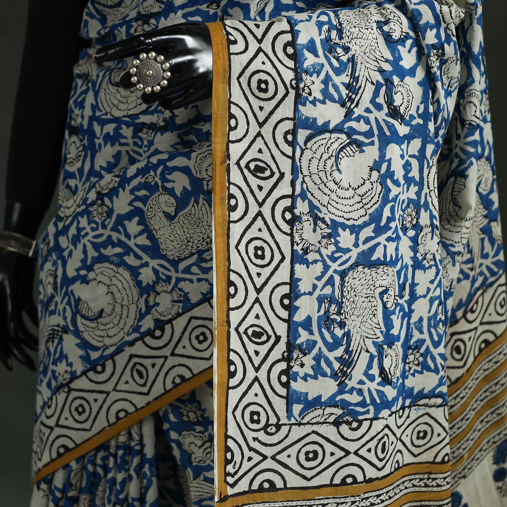 Blue - Pure Mul Cotton Natural Dyed Hand Block Bagru Print Saree 18 - Image 3