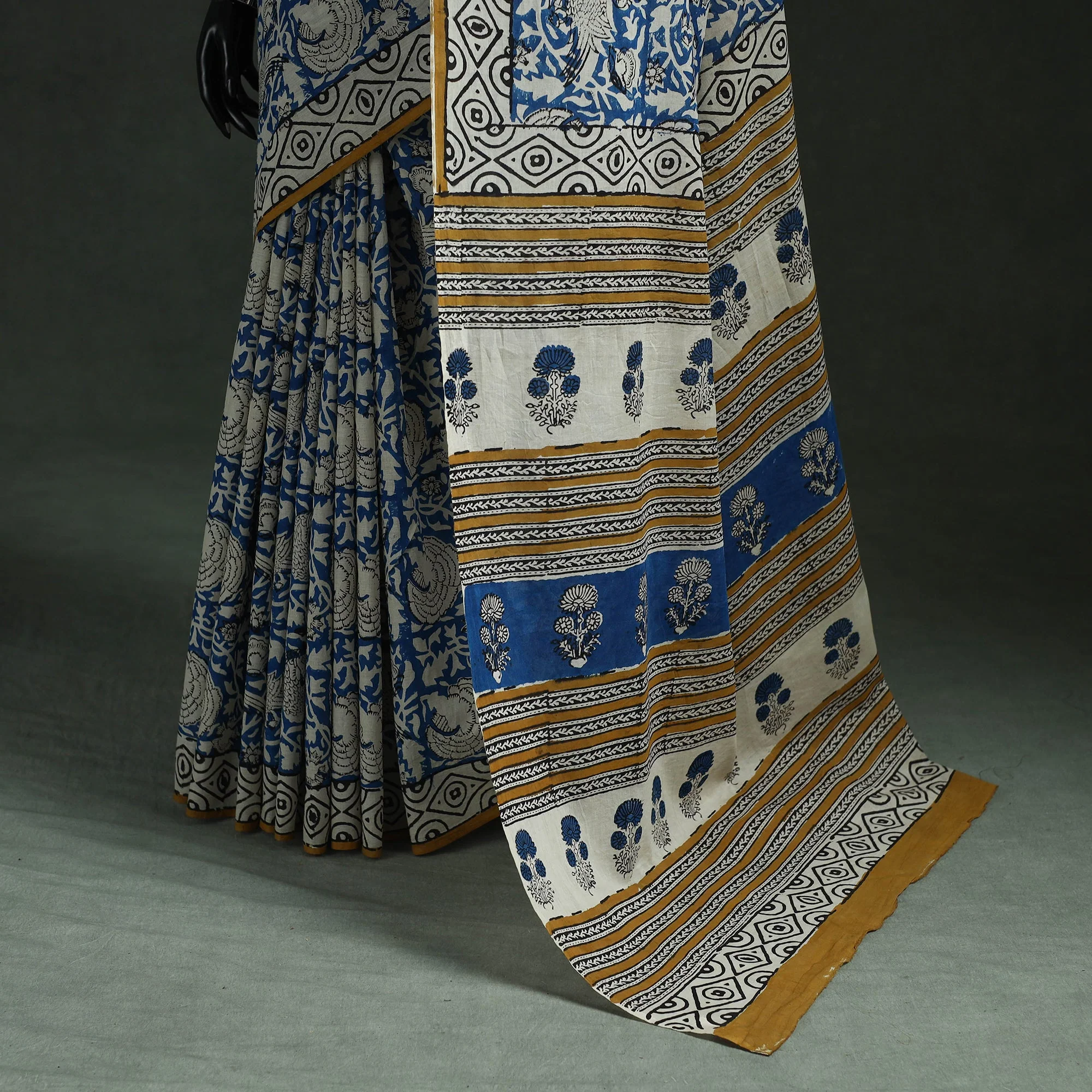 Blue - Pure Mul Cotton Natural Dyed Hand Block Bagru Print Saree 18 - Image 4