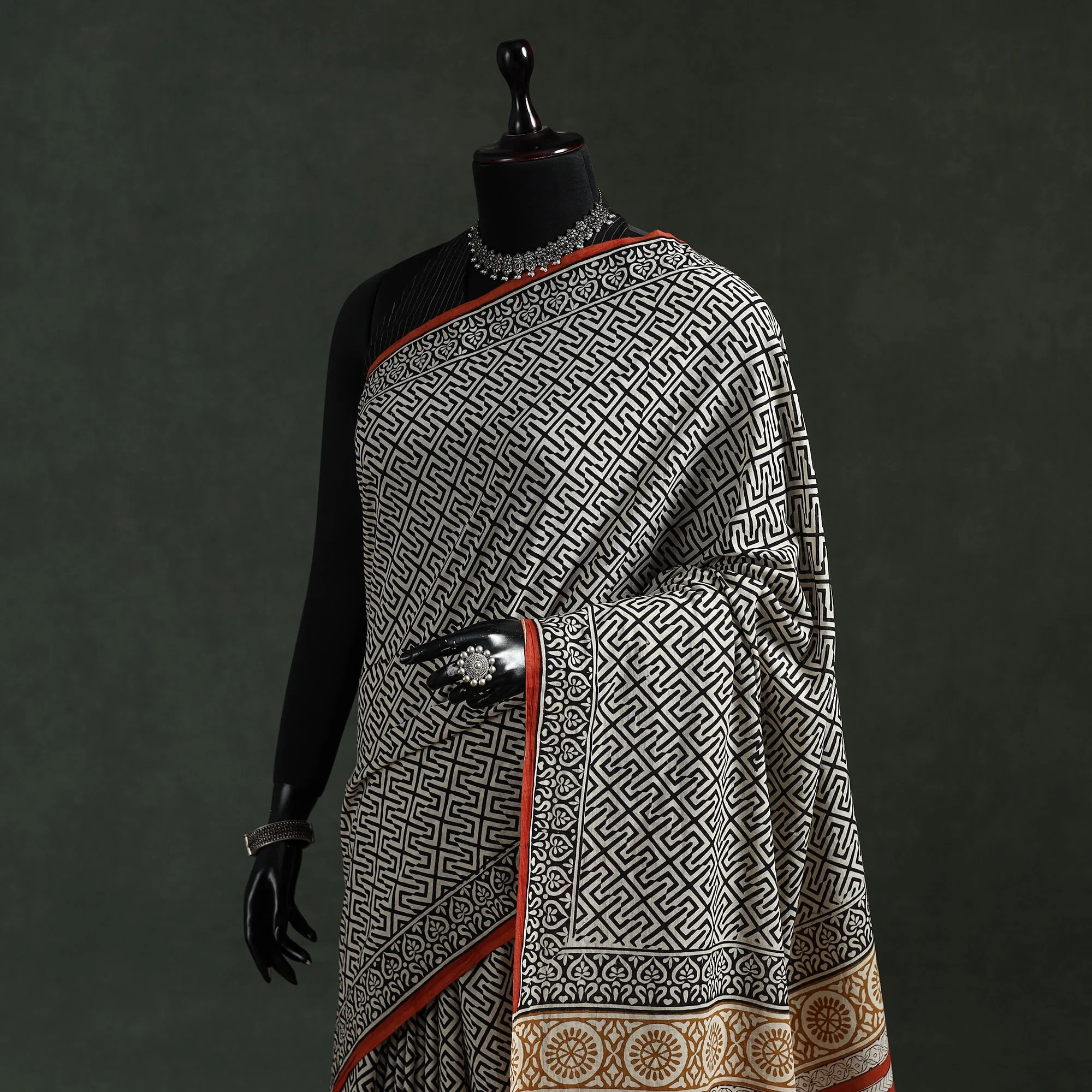 Black - Pure Mul Cotton Natural Dyed Hand Block Dabu Bagru Print Saree 10 - Image 2