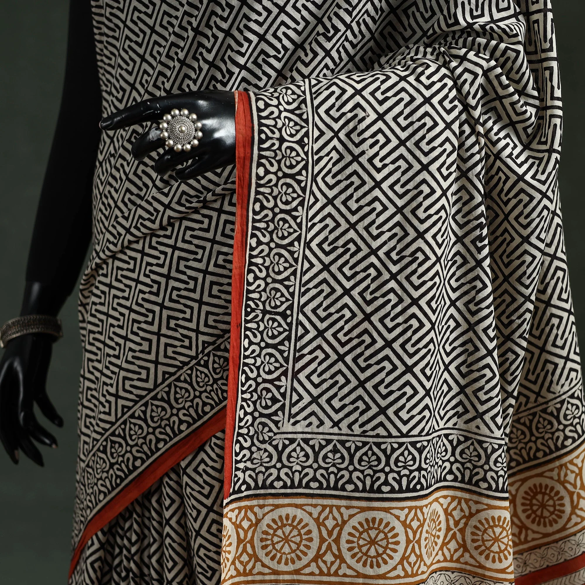Black - Pure Mul Cotton Natural Dyed Hand Block Dabu Bagru Print Saree 10 - Image 3