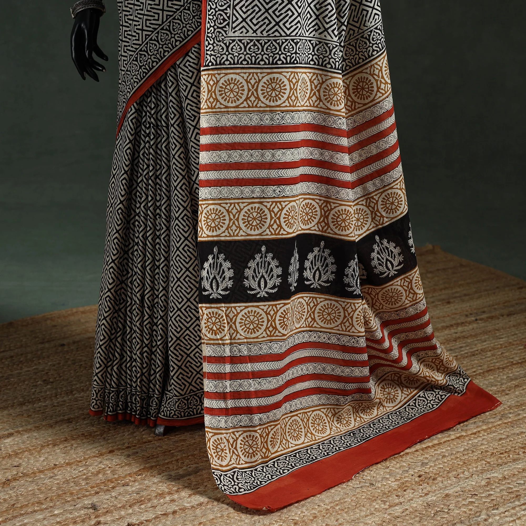 Black - Pure Mul Cotton Natural Dyed Hand Block Dabu Bagru Print Saree 10 - Image 4