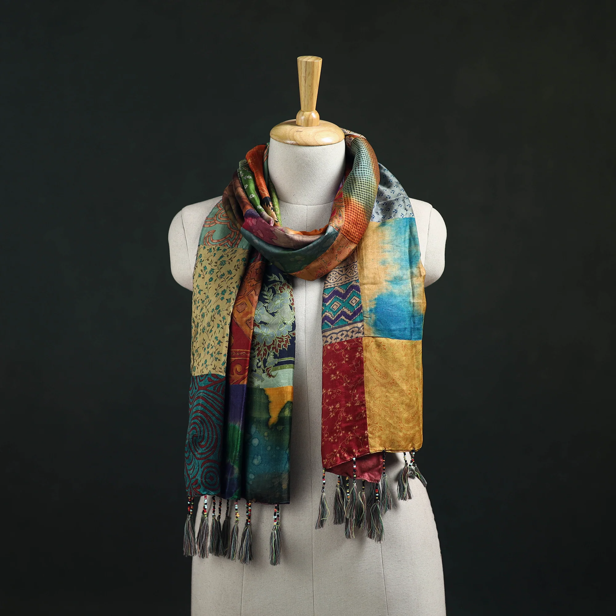 Multicolor - Pure Silk Reversible Patchwork Stole with Tassels 01