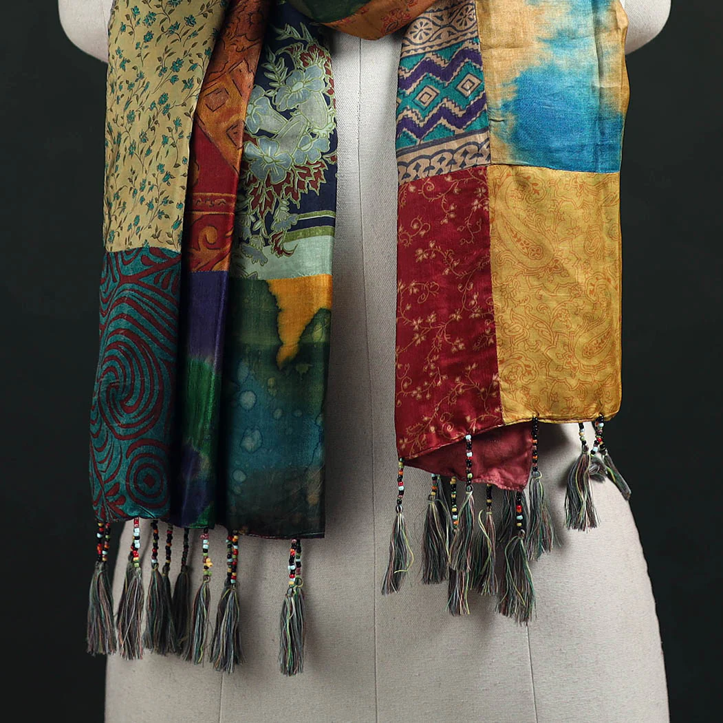 Multicolor - Pure Silk Reversible Patchwork Stole with Tassels 01 - Image 2