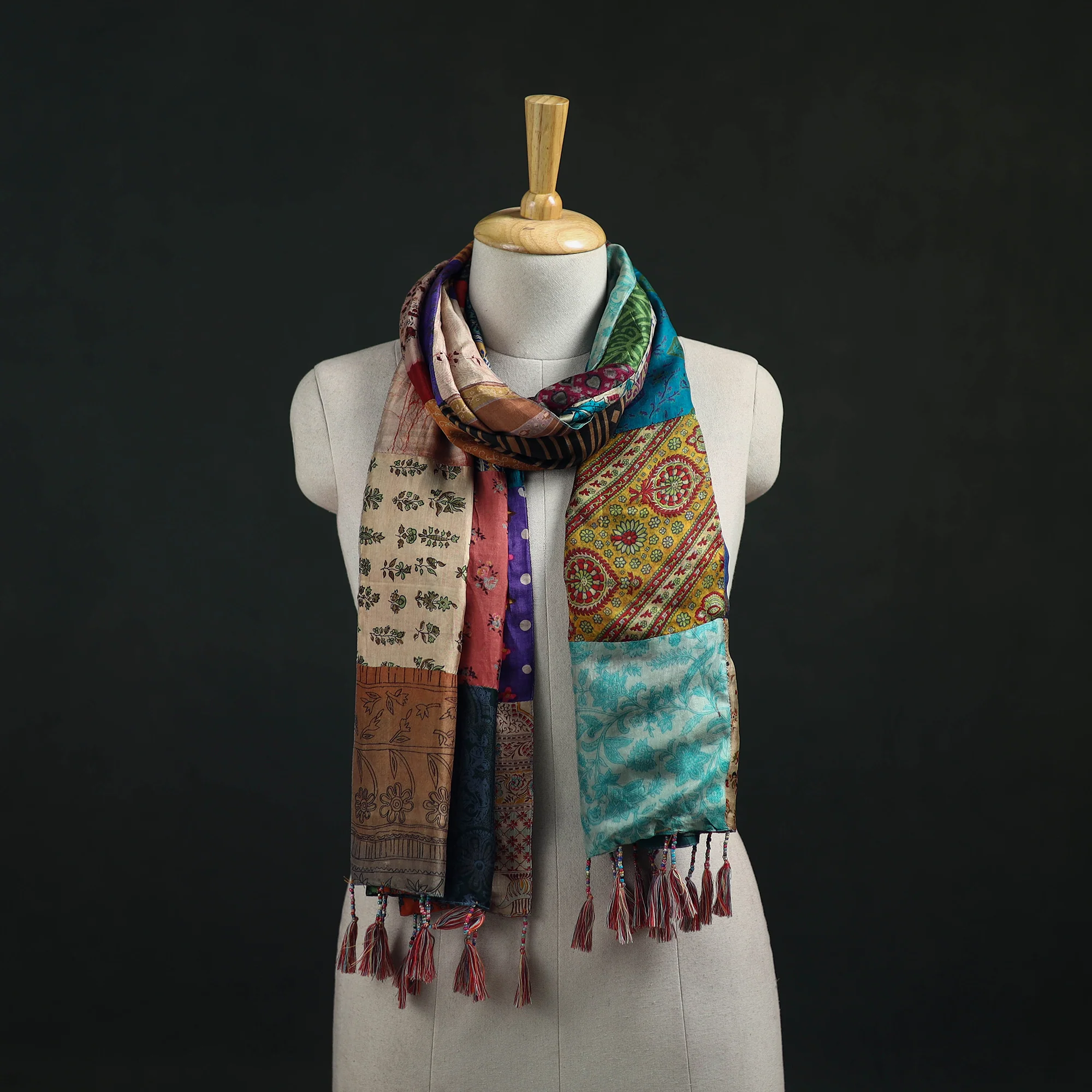 Multicolor - Pure Silk Reversible Patchwork Stole with Tassels 02