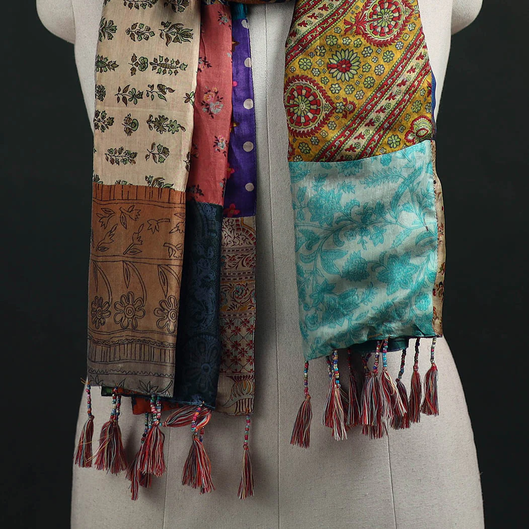 Multicolor - Pure Silk Reversible Patchwork Stole with Tassels 02 - Image 2
