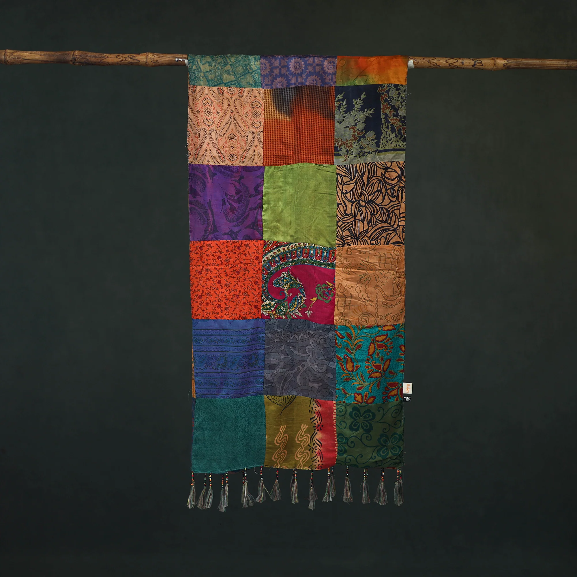 Multicolor - Pure Silk Reversible Patchwork Stole with Tassels 04 - Image 3