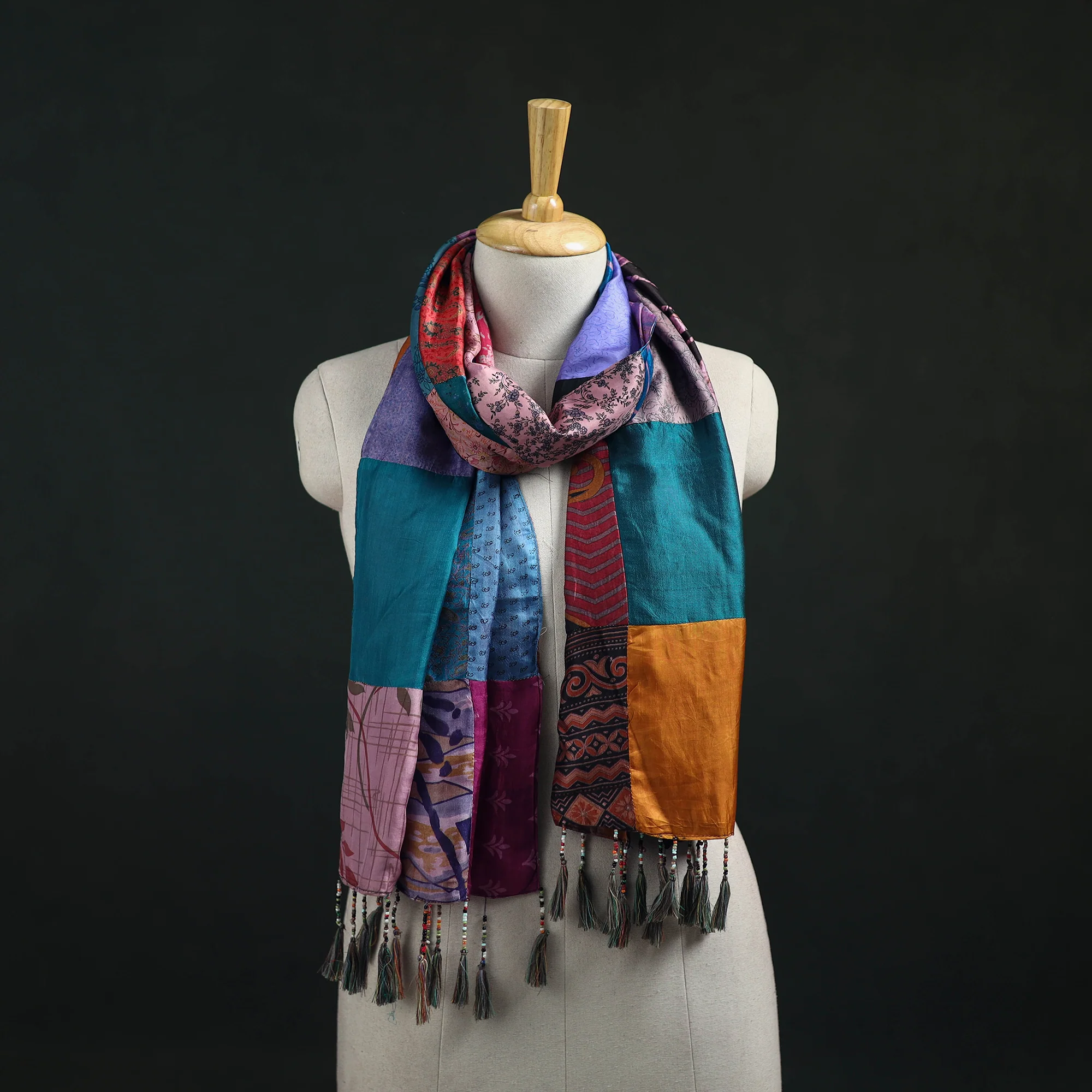 Multicolor - Pure Silk Reversible Patchwork Stole with Tassels 06