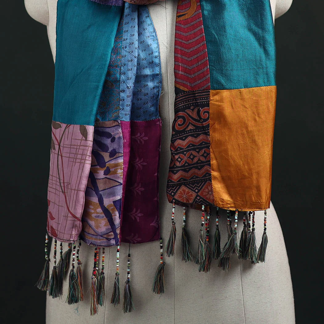 Multicolor - Pure Silk Reversible Patchwork Stole with Tassels 06 - Image 2
