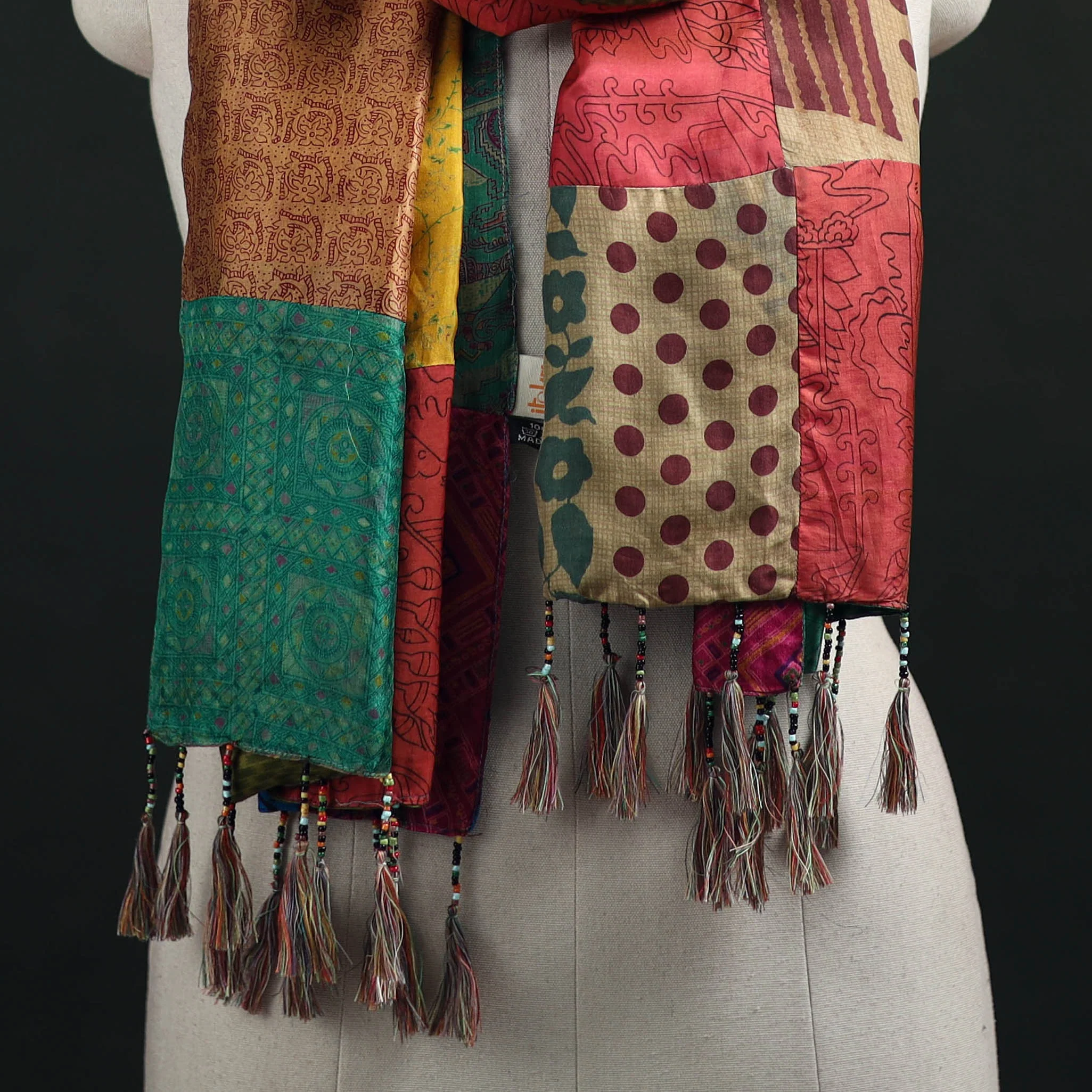 Multicolor - Pure Silk Reversible Patchwork Stole with Tassels 07 - Image 2