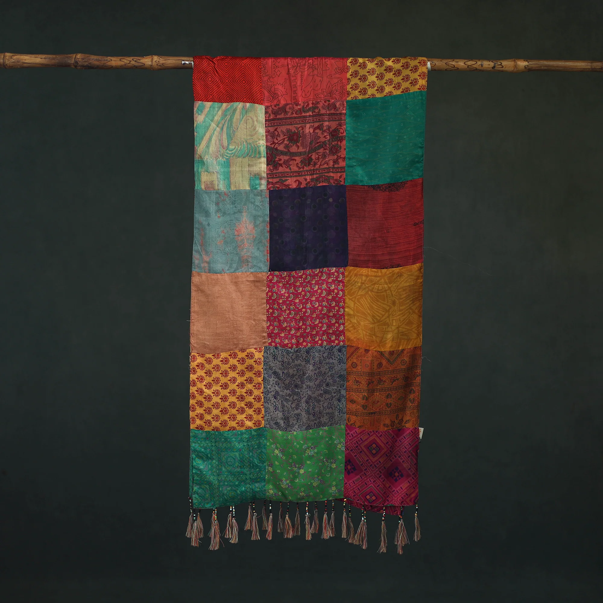 Multicolor - Pure Silk Reversible Patchwork Stole with Tassels 07 - Image 3