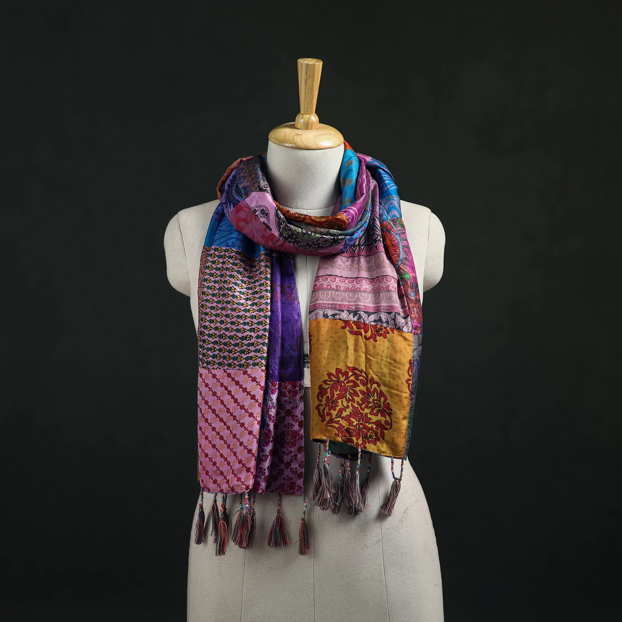 Multicolor - Pure Silk Reversible Patchwork Stole with Tassels 11