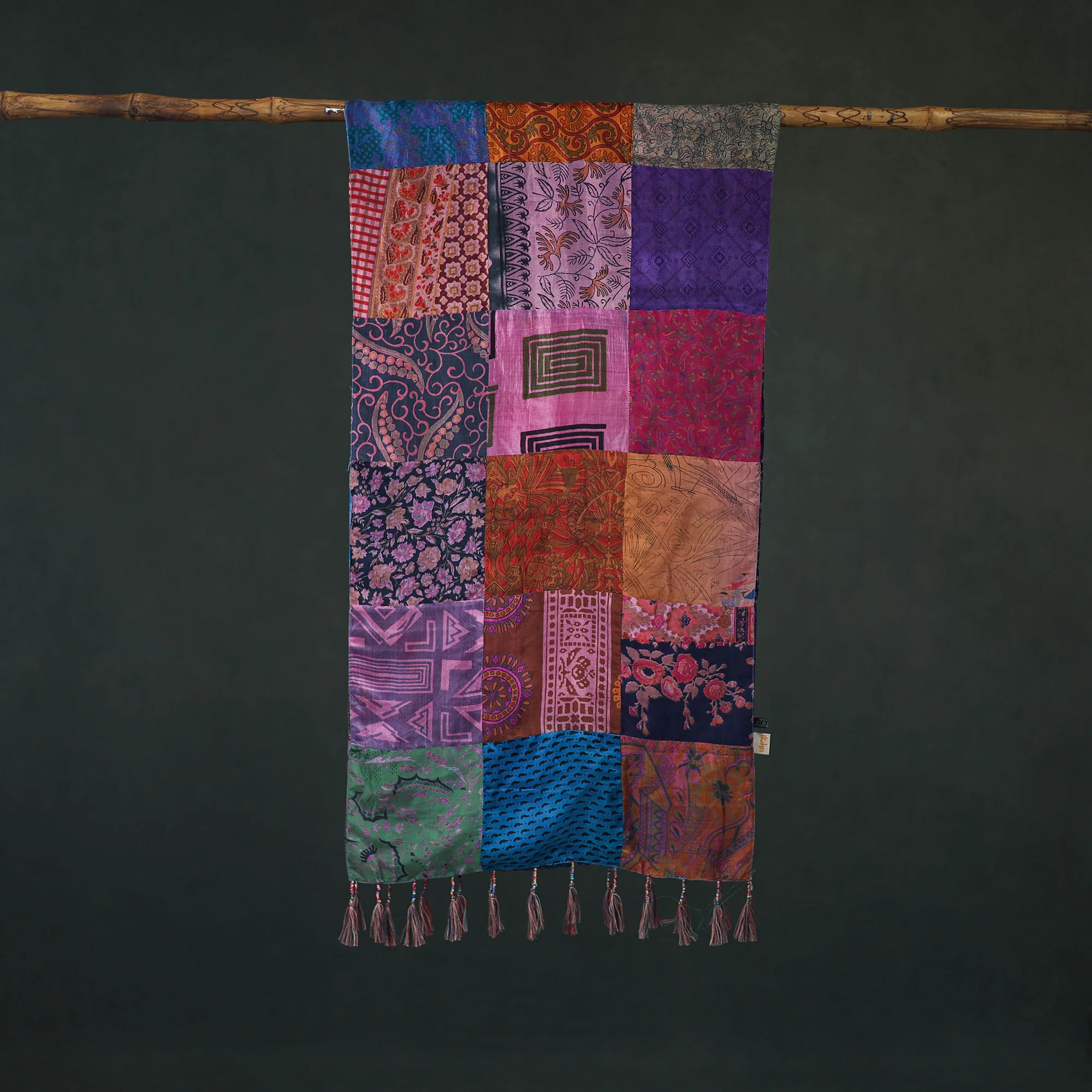 Multicolor - Pure Silk Reversible Patchwork Stole with Tassels 11 - Image 3
