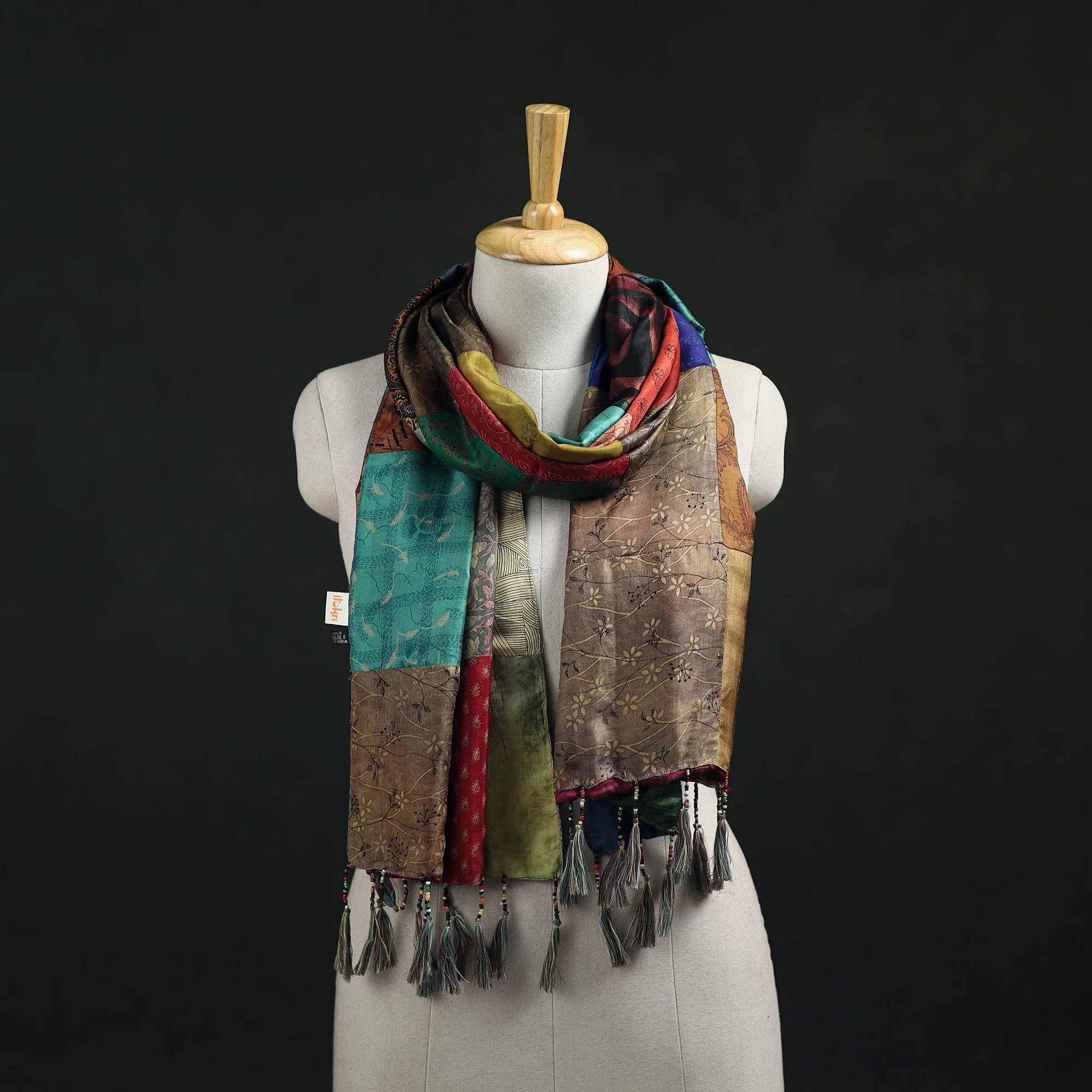 Multicolor - Pure Silk Reversible Patchwork Stole with Tassels 12