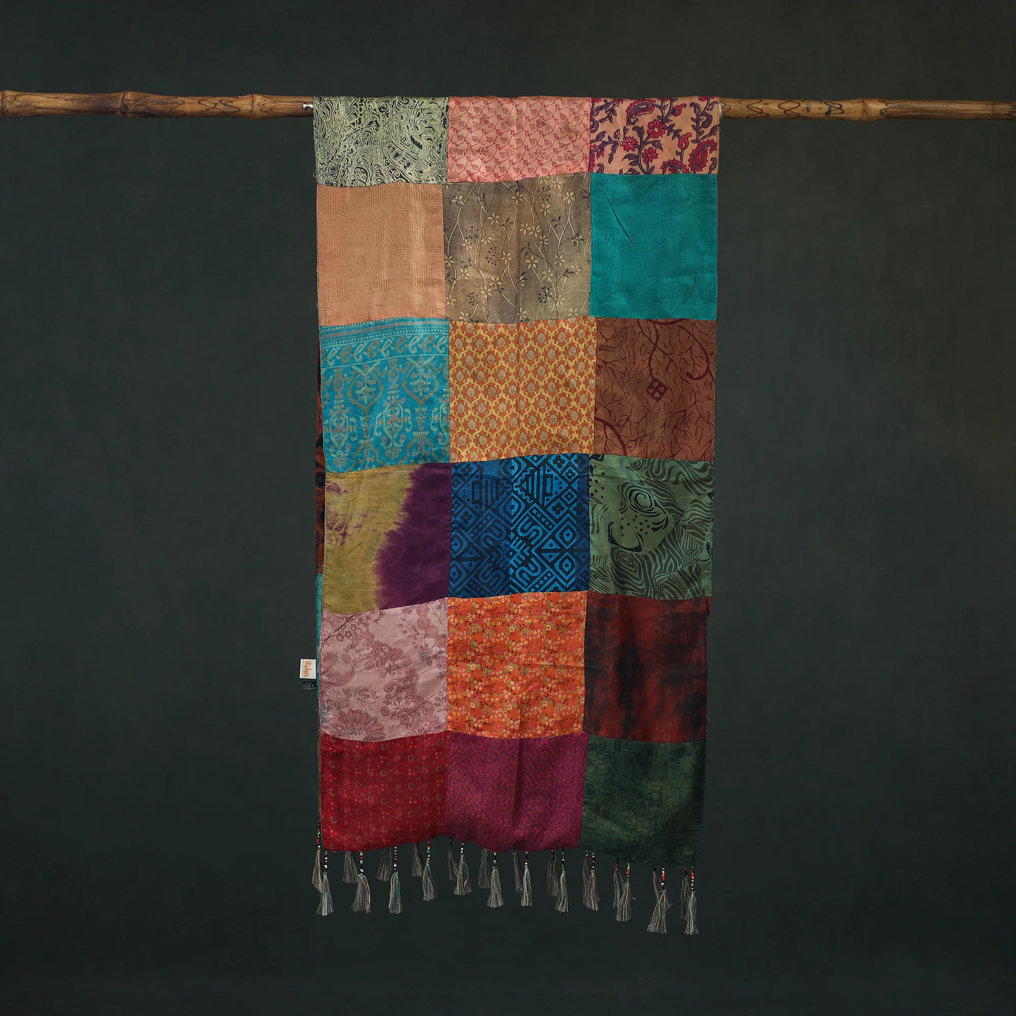 Multicolor - Pure Silk Reversible Patchwork Stole with Tassels 12 - Image 3