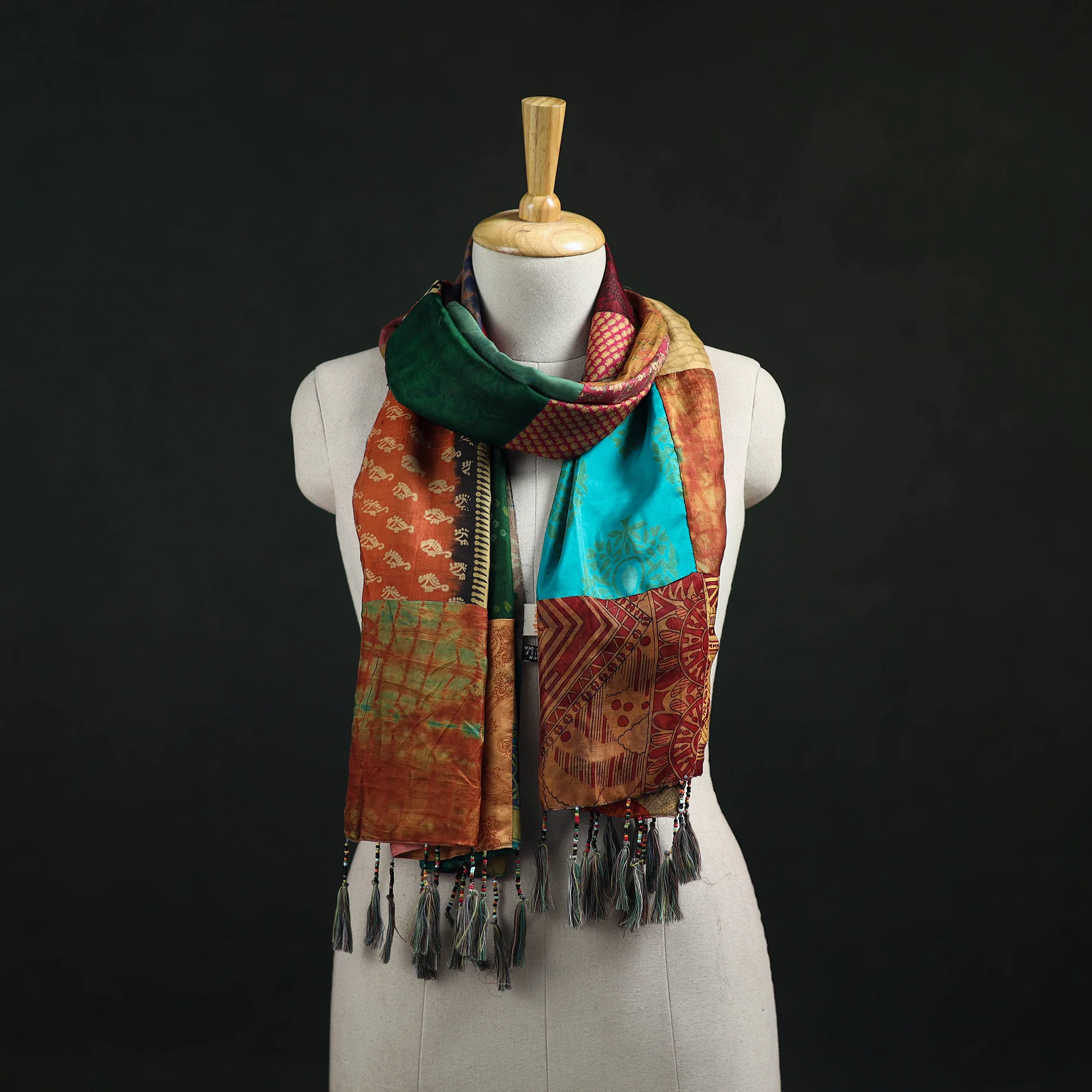 Multicolor - Pure Silk Reversible Patchwork Stole with Tassels 14